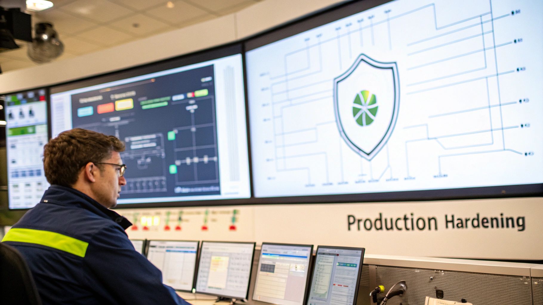 Man in a control room monitors large screens displaying production hardening and security diagrams.