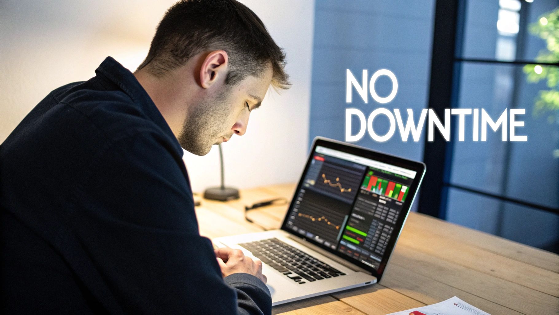 Man intensely working on a laptop displaying financial data with 'NO Downtime' text.