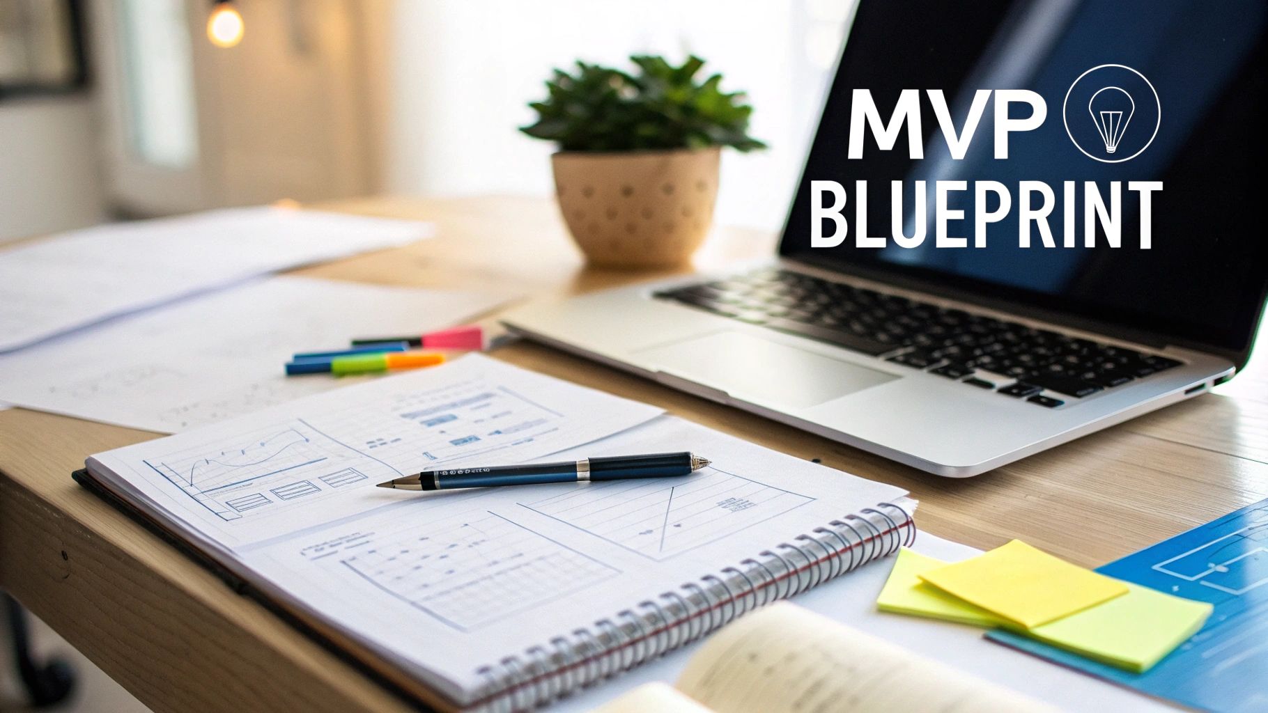 A clean workspace with a laptop displaying an 'MVP BLUEPRINT' screen and a notebook with designs.