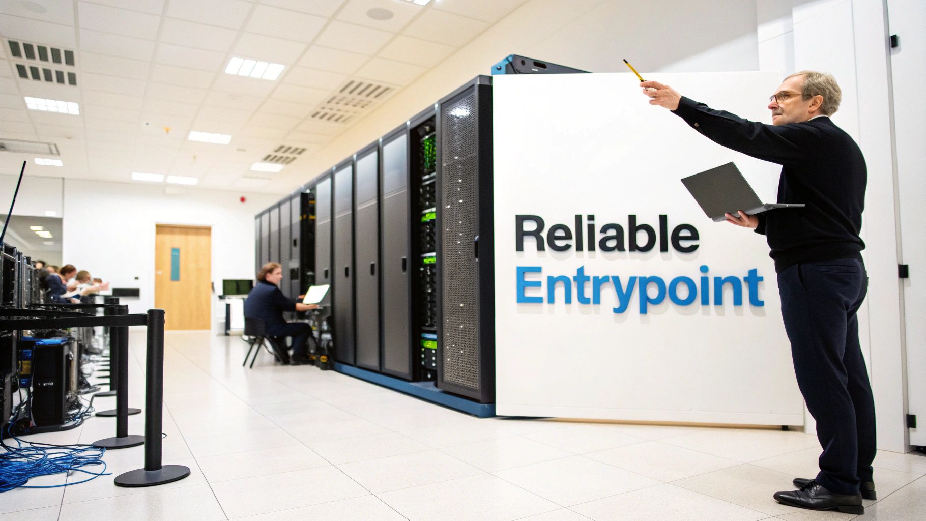 Professional pointing to 'Reliable Entrypoint' sign, surrounded by server racks in a data center.