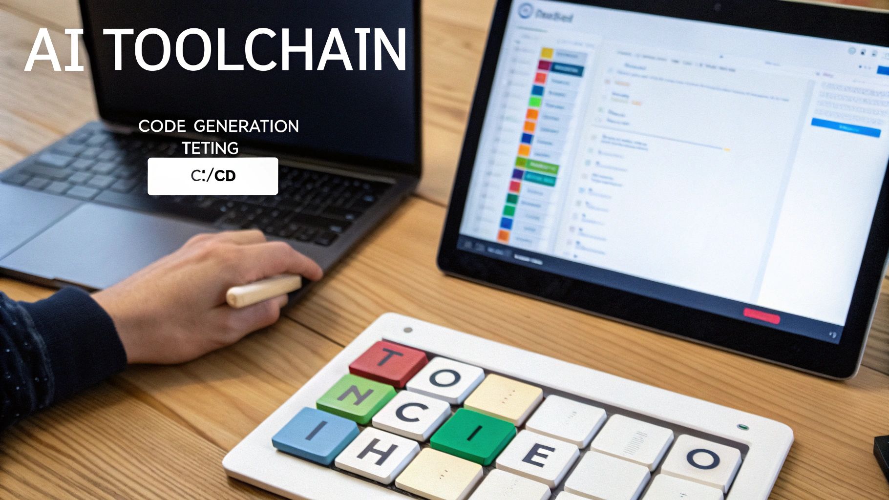 A person's hand on a laptop displaying AI TOOLCHAIN, with a tablet and colorful keyboard.