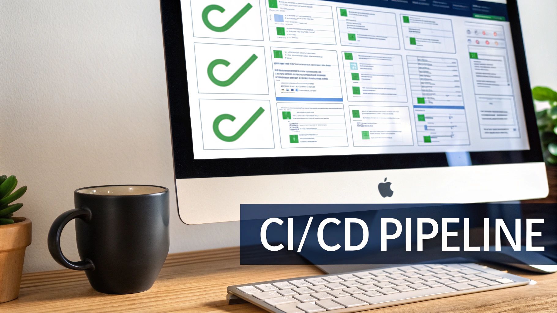 Computer screen showing a CI/CD pipeline with successful steps, a keyboard, and a mug.