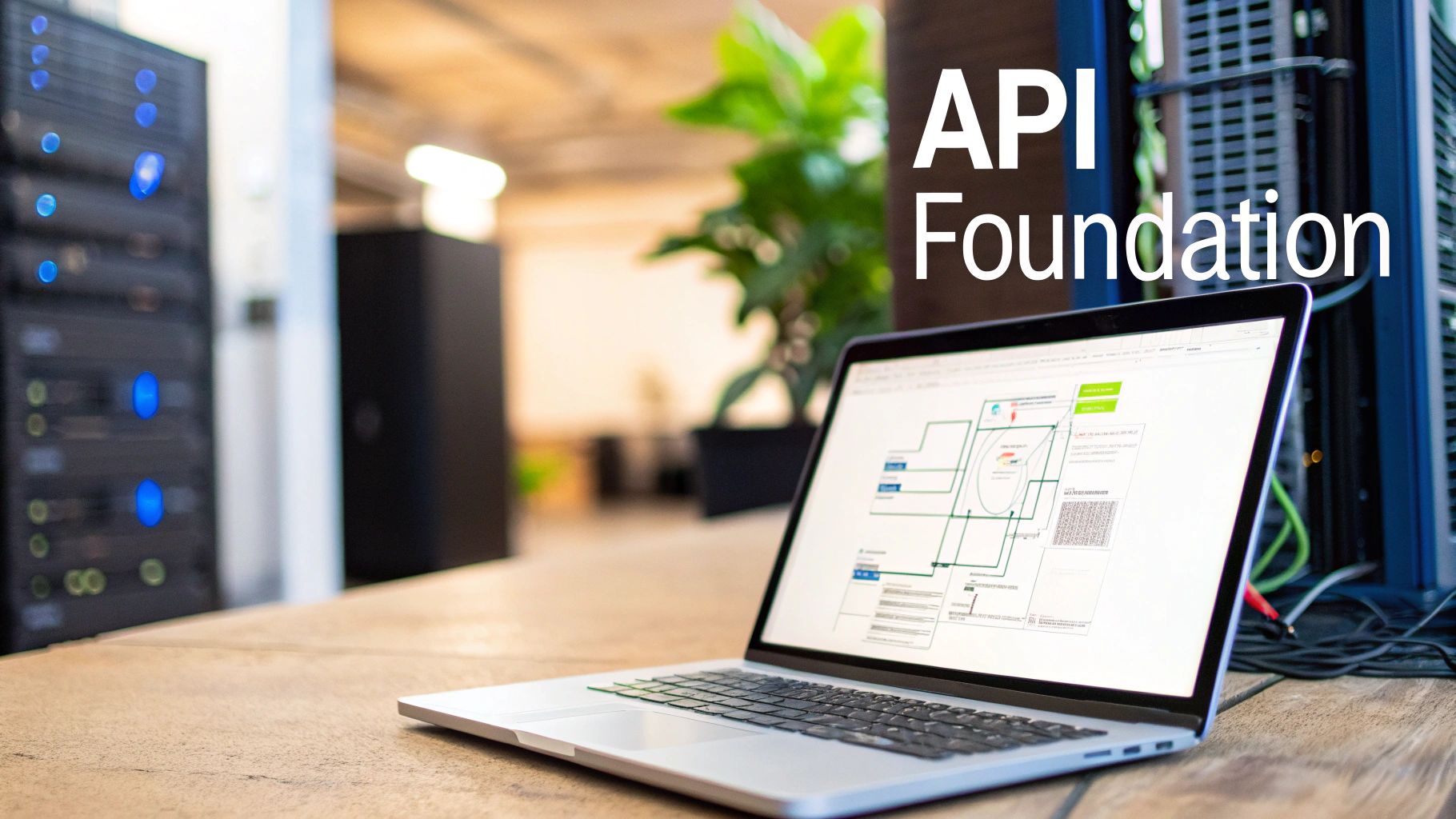 A laptop on a wooden desk displaying an API design diagram, with server racks and 'API Foundation' text.
