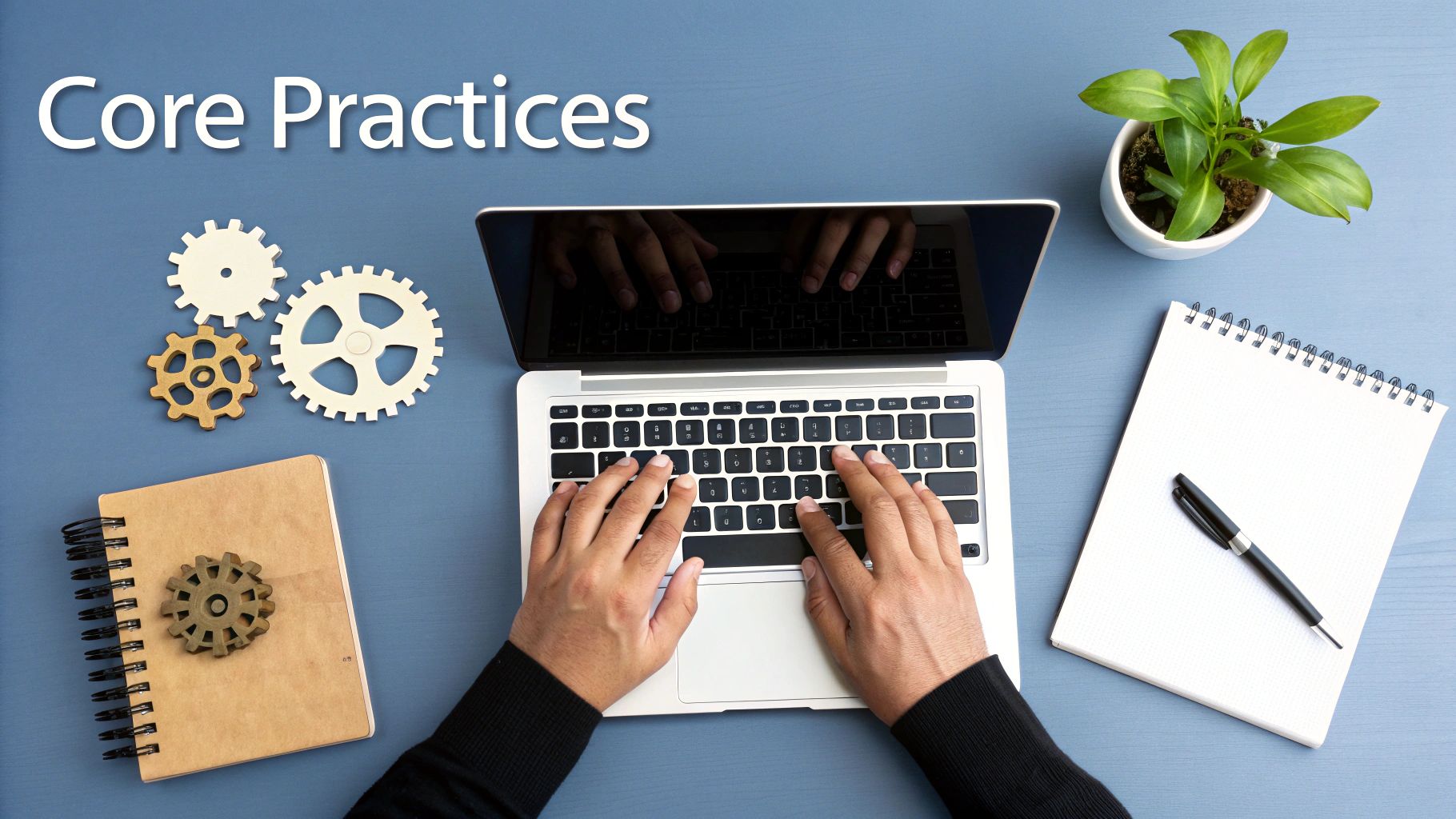 Overhead view of hands typing on a laptop, with gears, a notebook, and a plant, representing core practices.