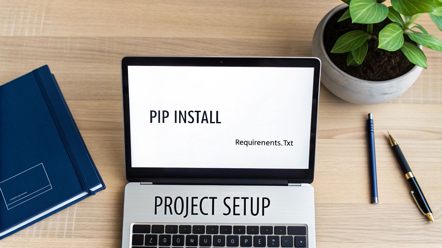 Overhead view of a laptop displaying 'PIP INSTALL' and 'PROJECT SETUP' on a desk with a notebook.
