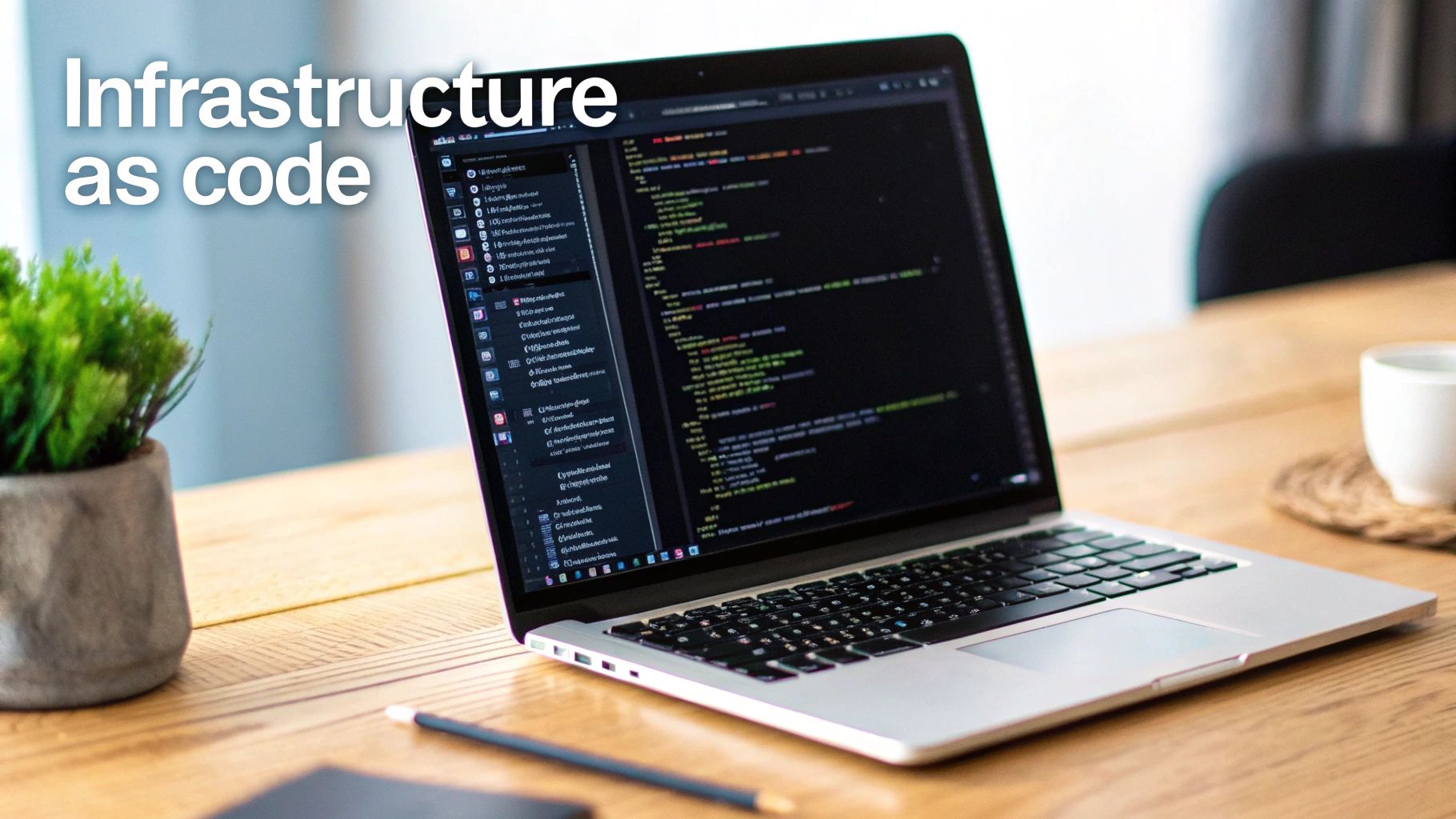 A laptop screen displays 'Infrastructure as code' along with programming code, set on a wooden desk with a plant and a coffee cup.