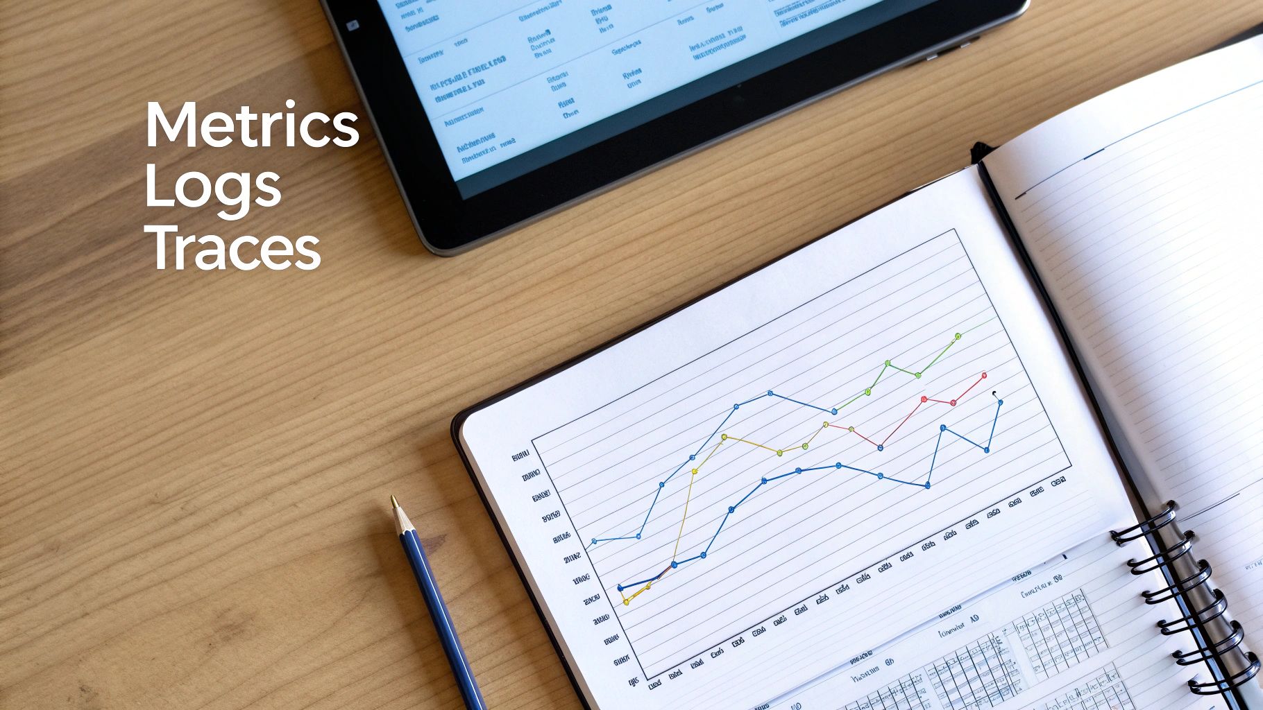 Desk with tablet, notebook showing data graph, and text 'Metrics Logs Traces'.