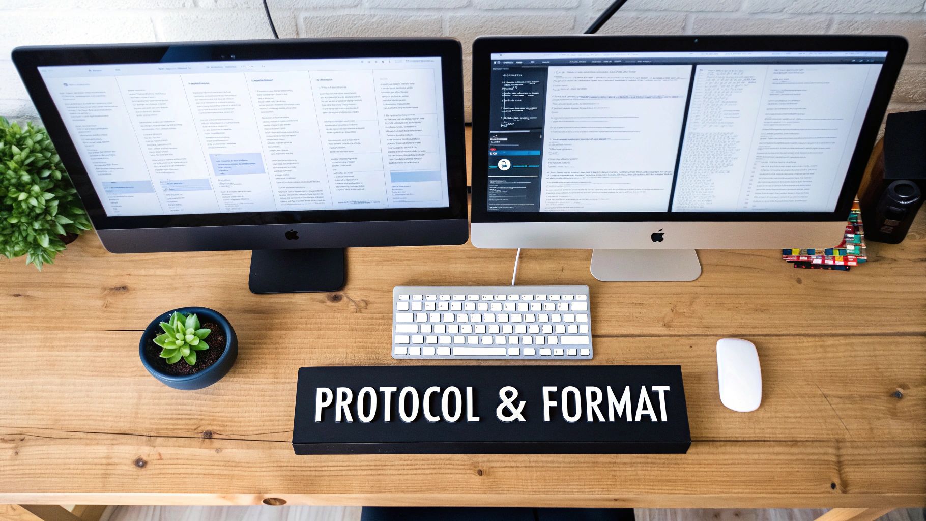 Overhead view of a modern workspace with dual monitors, keyboard, mouse, plants, and 'PROTOCOL & FORMAT' sign on a wooden desk.