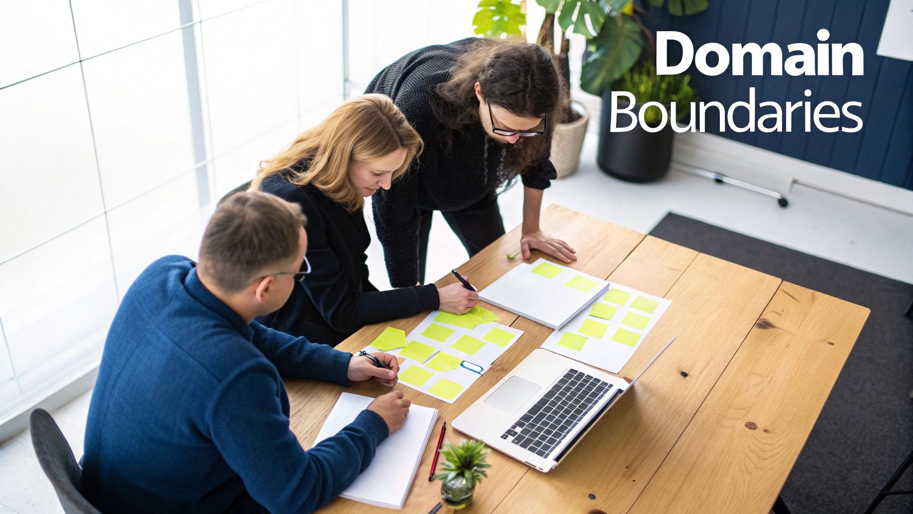 Three professionals collaborate at a table with sticky notes, laptops, and papers, discussing domain boundaries.