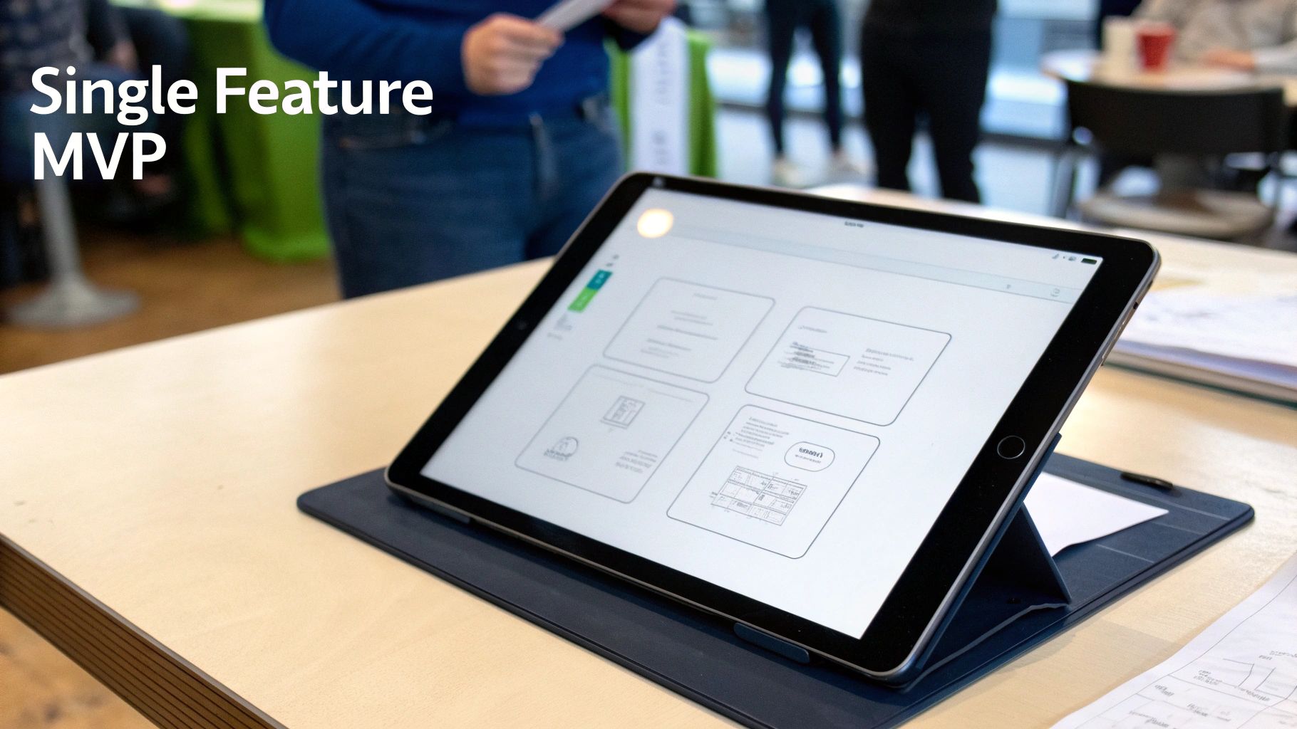 An iPad on a wooden desk displays UI mockups for a 'Single Feature MVP' project, with people in the background.