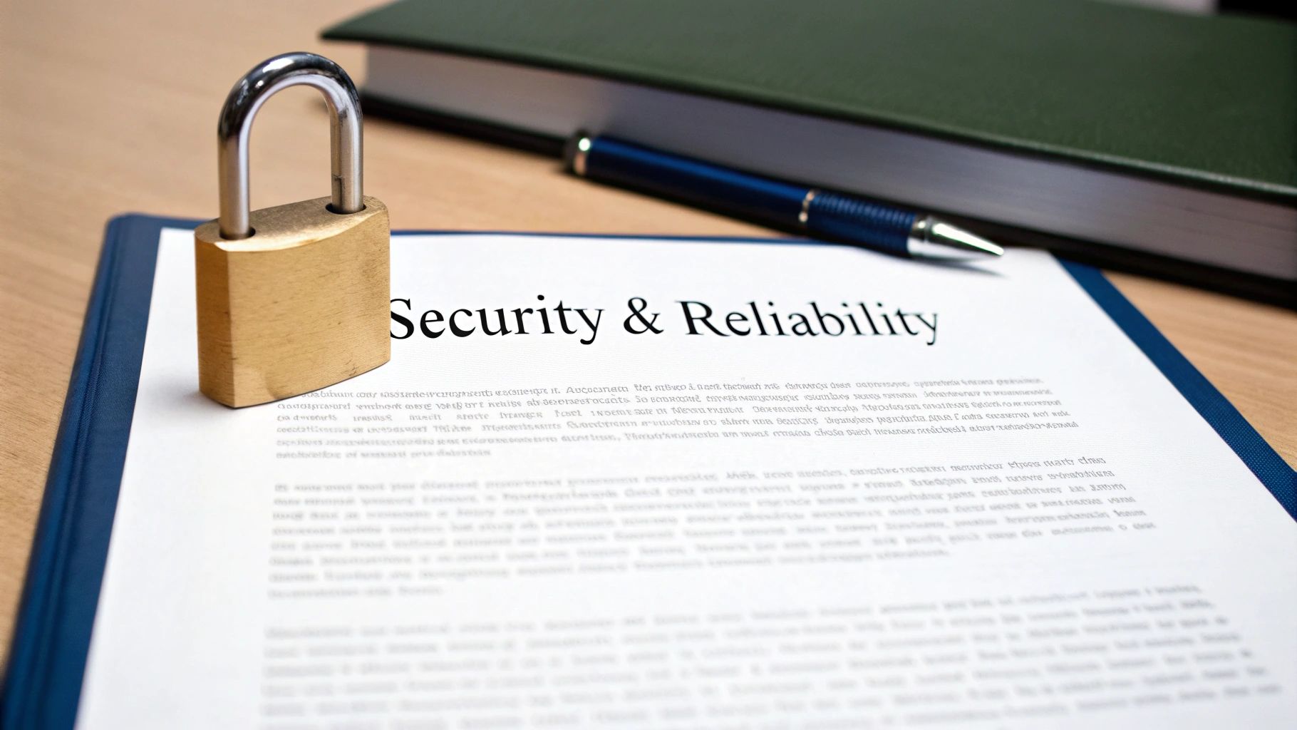 A gold padlock on a document titled 'Security & Reliability', with a pen and book.