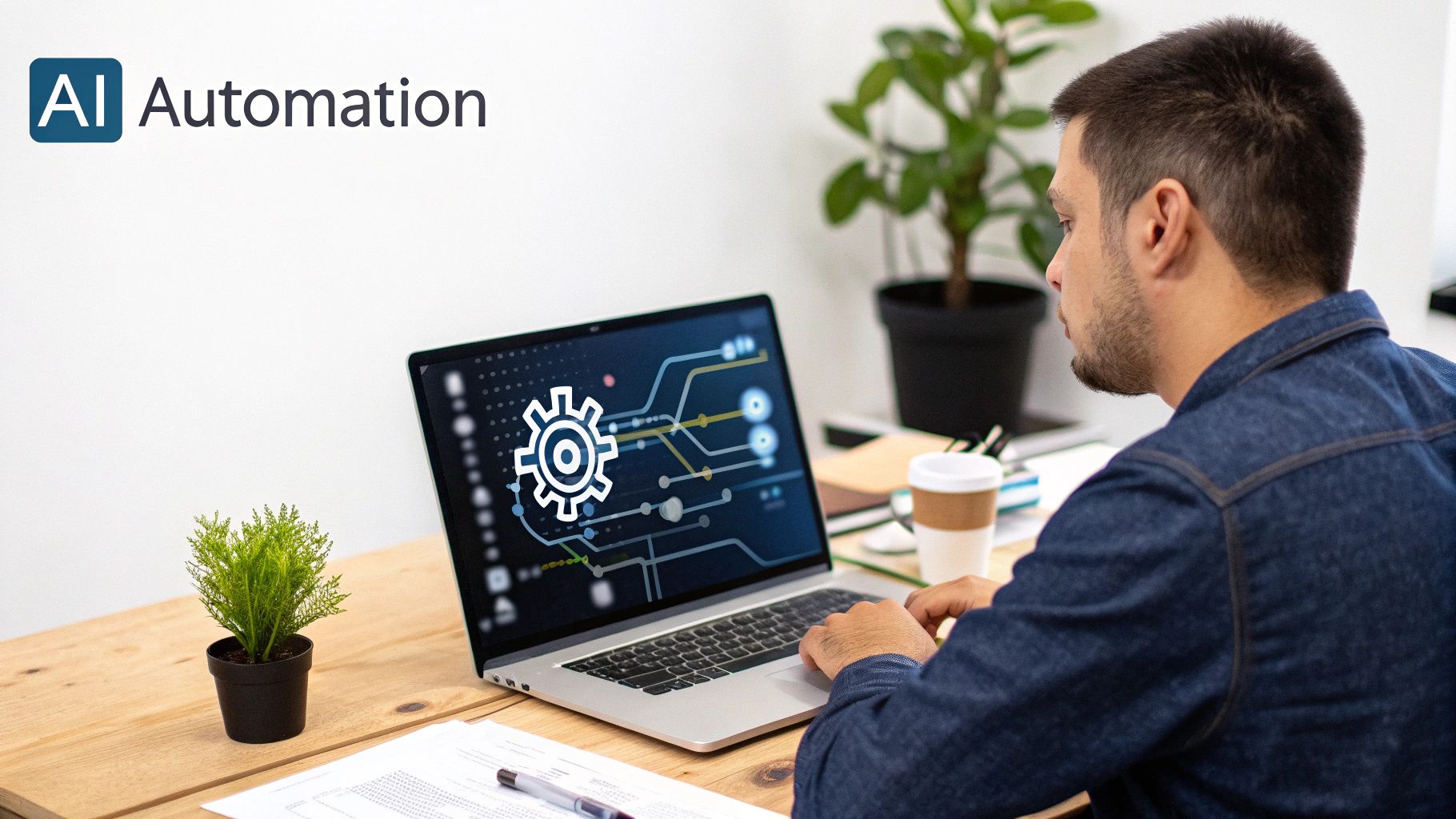 Man working on a laptop displaying a gear icon and network, with an 'AI Automation' logo in the background.