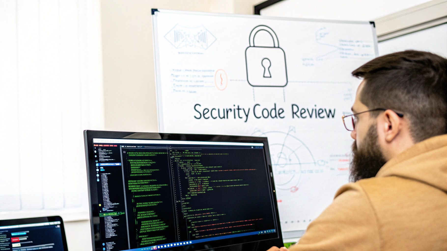 A bearded man reviews code on a computer screen with a 'Security Code Review' whiteboard in the background.