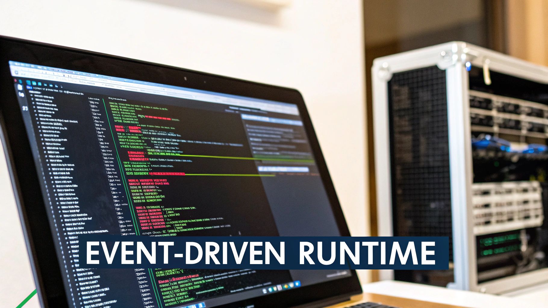 A laptop screen showing event-driven runtime code, with a server rack in the background.