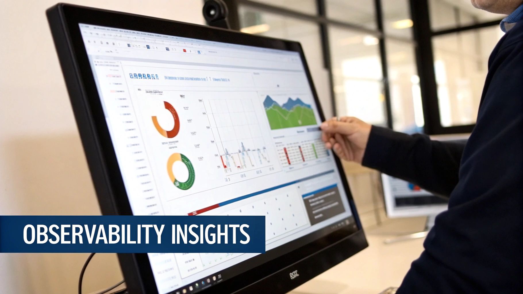 A professional reviewing complex data graphs and charts on a monitor, related to software observability.