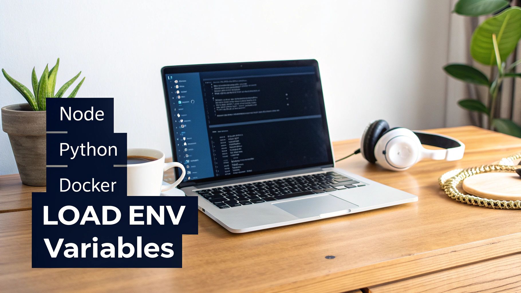 A laptop displaying code with text overlays 'Node', 'Python', 'Docker', and 'LOAD ENV Variables' on a wooden desk.