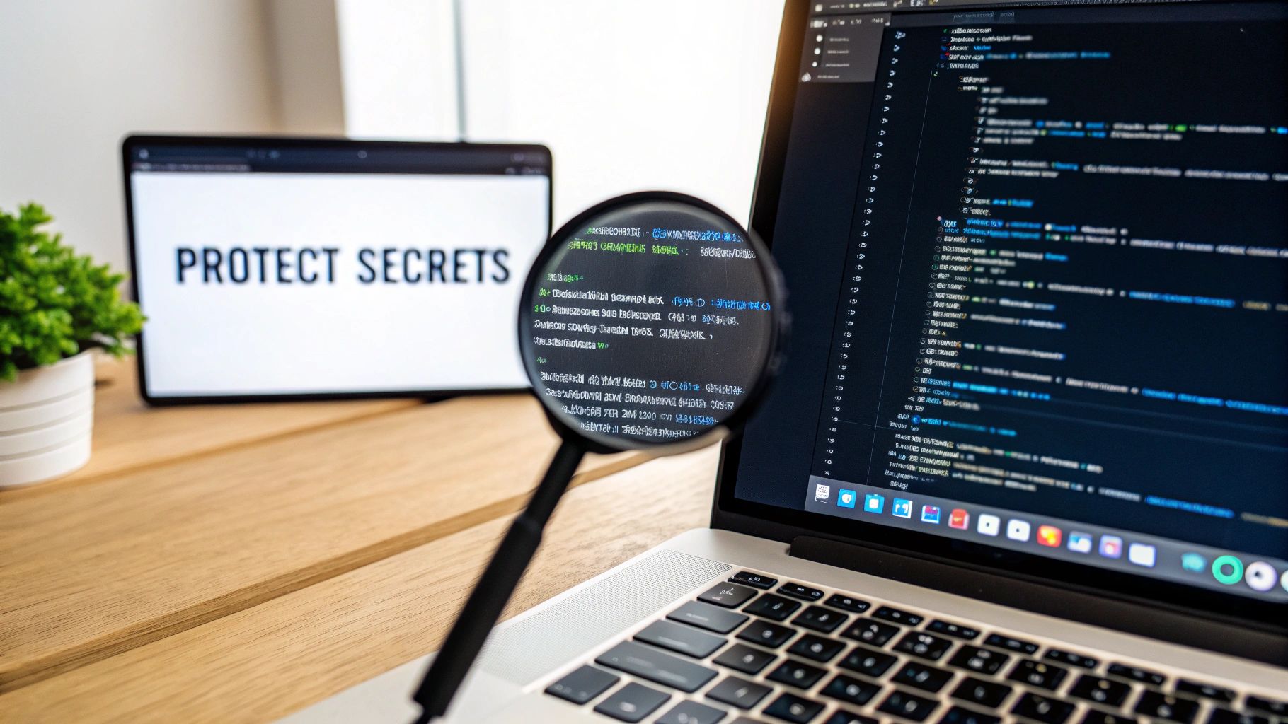 Magnifying glass over laptop code and tablet displaying 'PROTECT SECRETS', symbolizing data security.