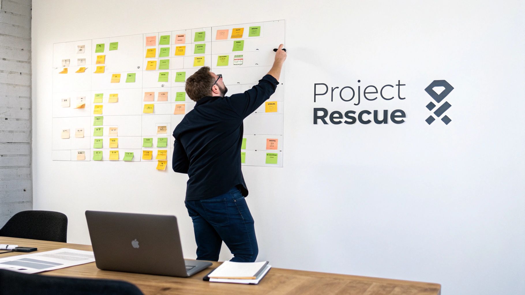 Man adding sticky notes to a project management whiteboard with a "Project Rescue" logo.