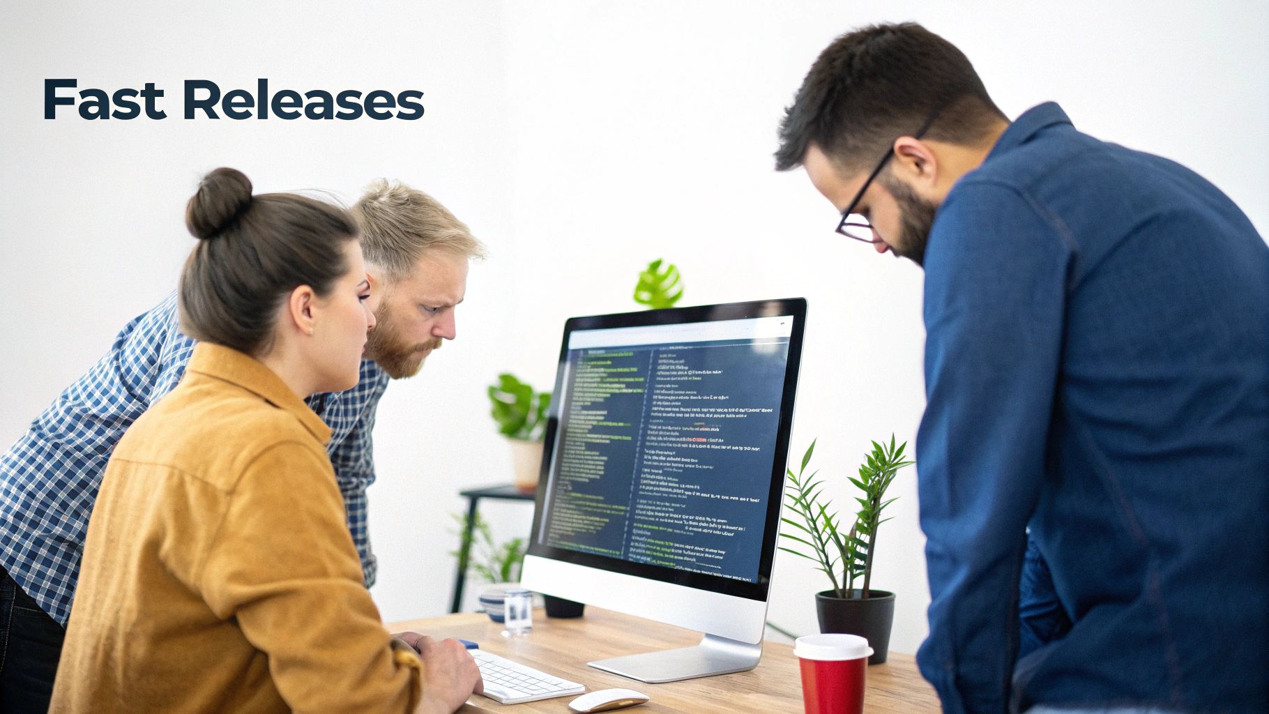 Three developers collaborating and reviewing code on a computer screen in an office setting.
