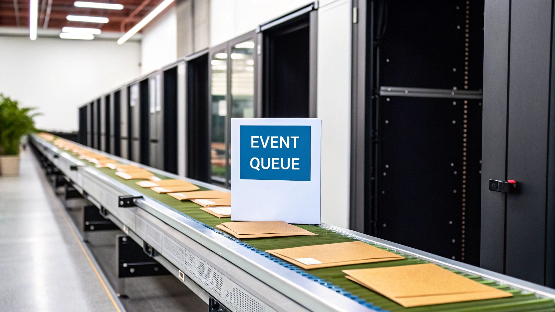 A long conveyor belt carrying brown envelopes, with a sign reading 'EVENT QUEUE' in a data center.