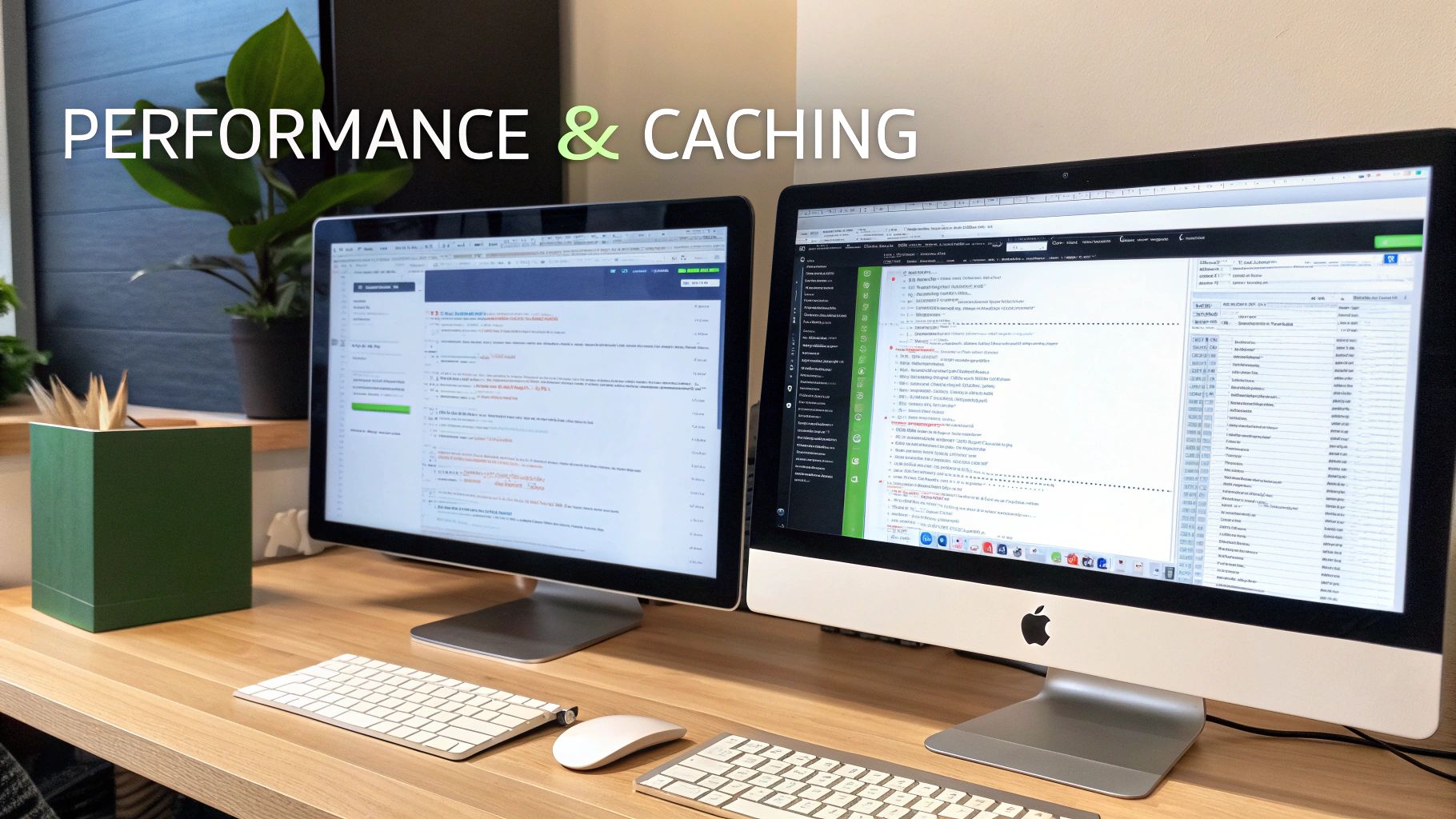 A clean desk workspace with two monitors showing development screens, highlighting performance and caching.