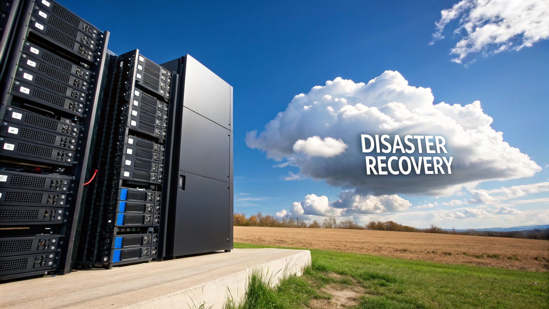 Outdoor server racks with a bright blue sky and clouds, featuring 'DISASTER RECOVERY' text.