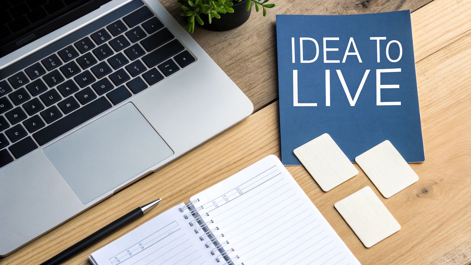 A flat lay of a modern workspace with a laptop, notebooks, pen, and a 'IDEA TO LIVE' blue folder on a wooden desk.