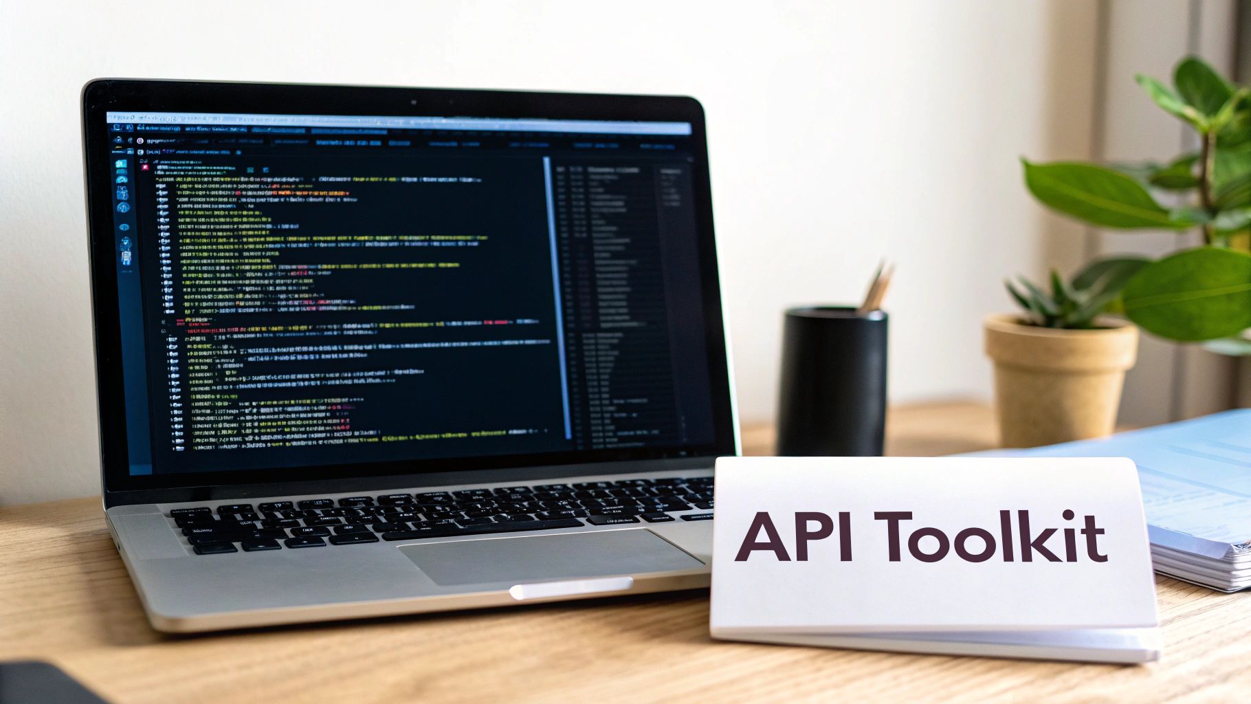 A laptop displaying code on a dark screen, an 'API Toolkit' sign, and plants on a wooden desk.