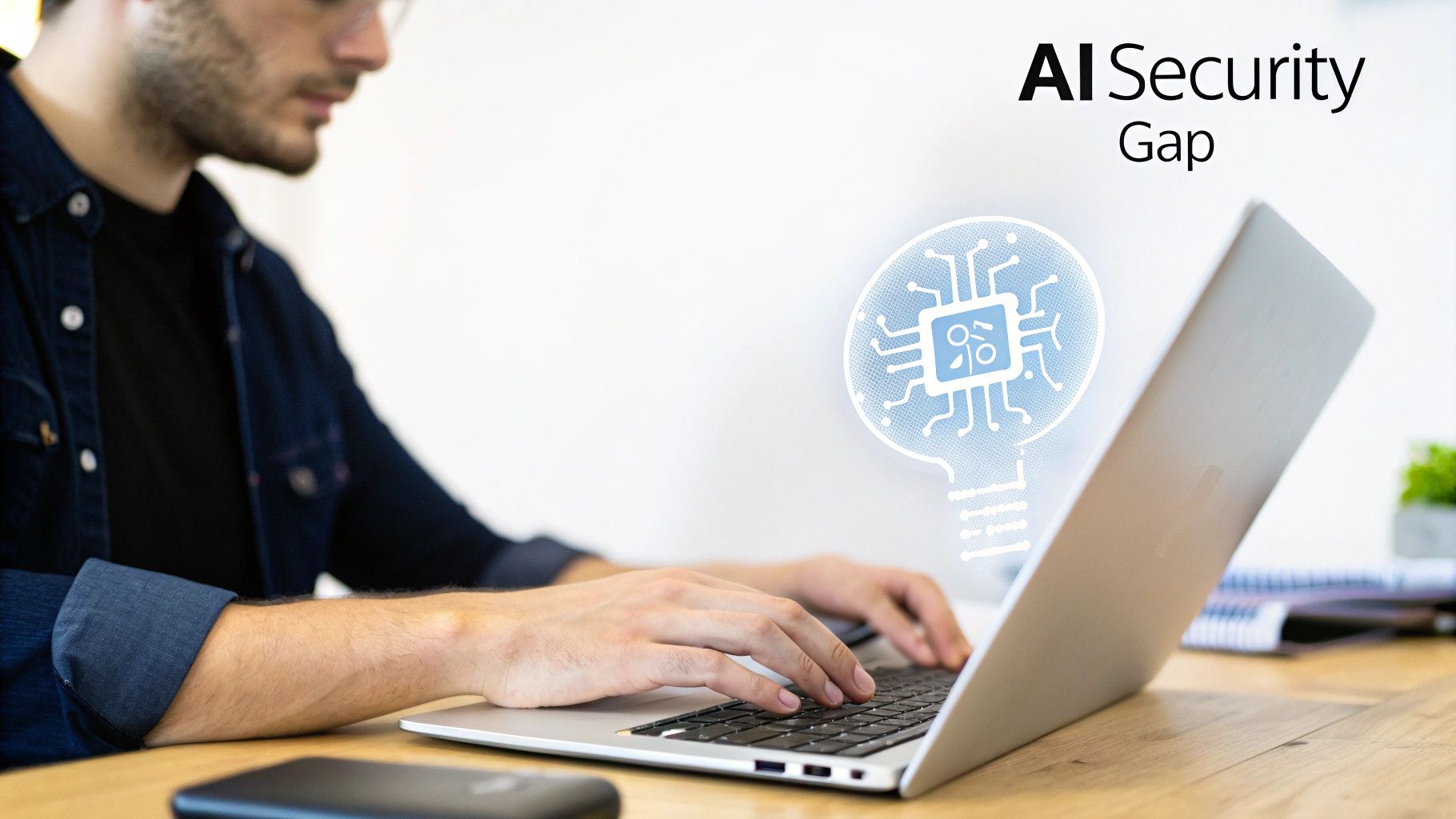 A man typing on a laptop with a lightbulb graphic symbolizing AI security and the text 'AI Security Gap'.