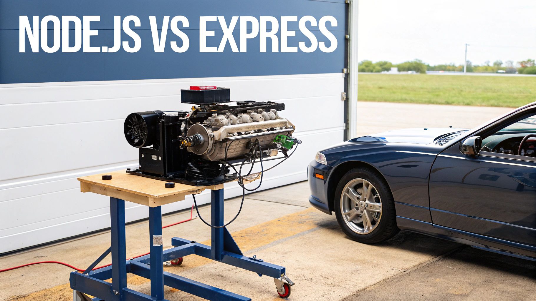 A car engine on a stand next to a blue car, with 'NODE.JS VS EXPRESS' text on a garage door.