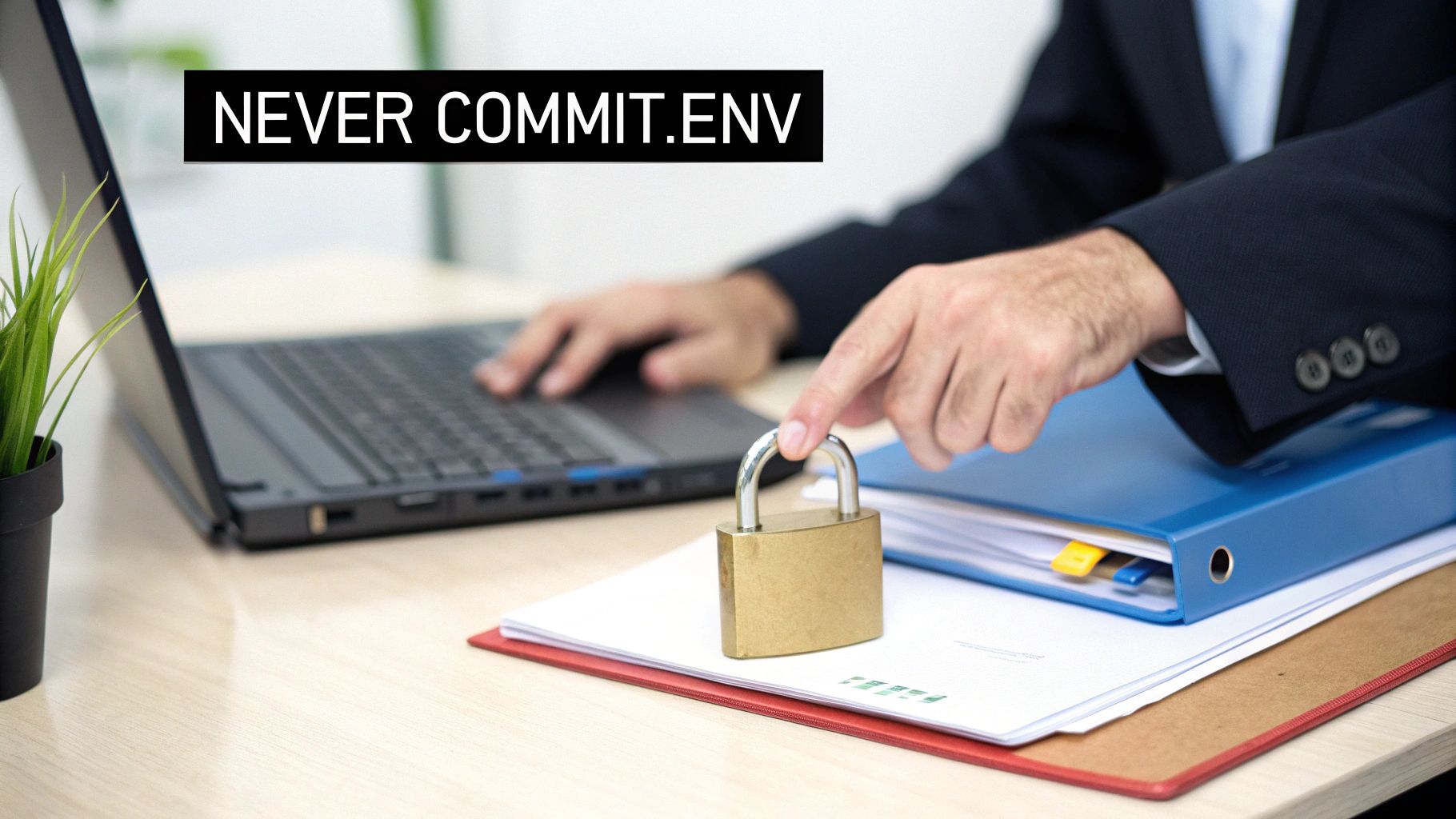 A person typing on a laptop with a padlock on documents and text "NEVER COMMIT.ENV".