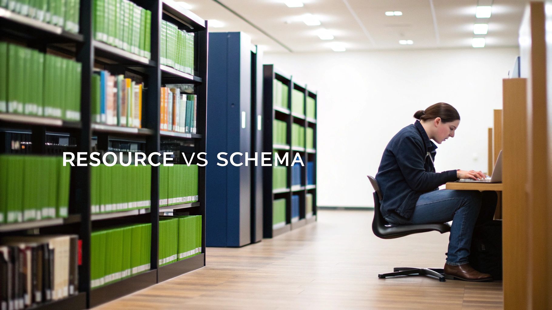 A student works on a laptop in a library surrounded by shelves of books, with "RESOURCE VS SCHEMA" text overlay.