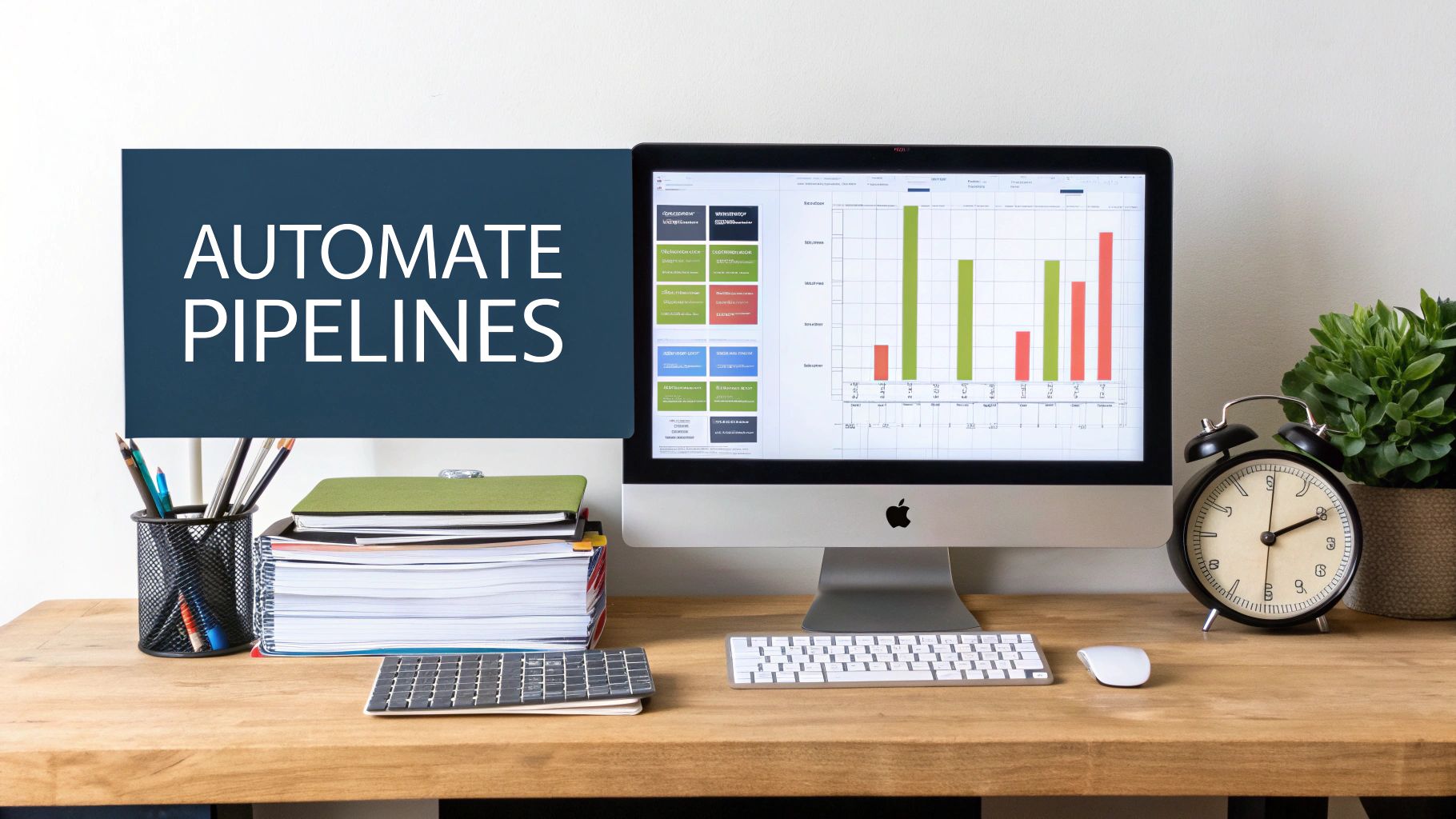 A desk with a computer displaying data charts and an 'AUTOMATE PIPELINES' sign, symbolizing efficiency.