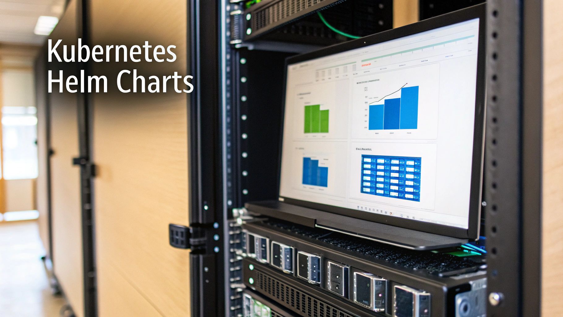 Laptop in a server rack displaying data charts relevant to Kubernetes Helm Charts deployment.