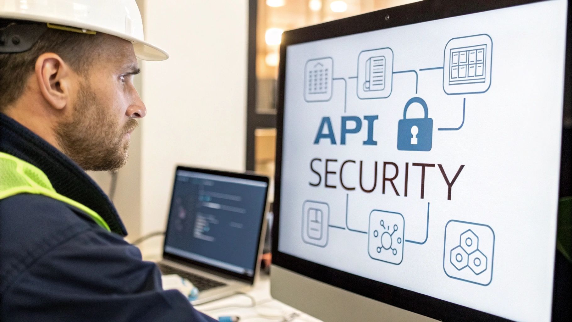 A man in a hard hat and safety vest reviews API security on a large computer screen, with a laptop nearby.