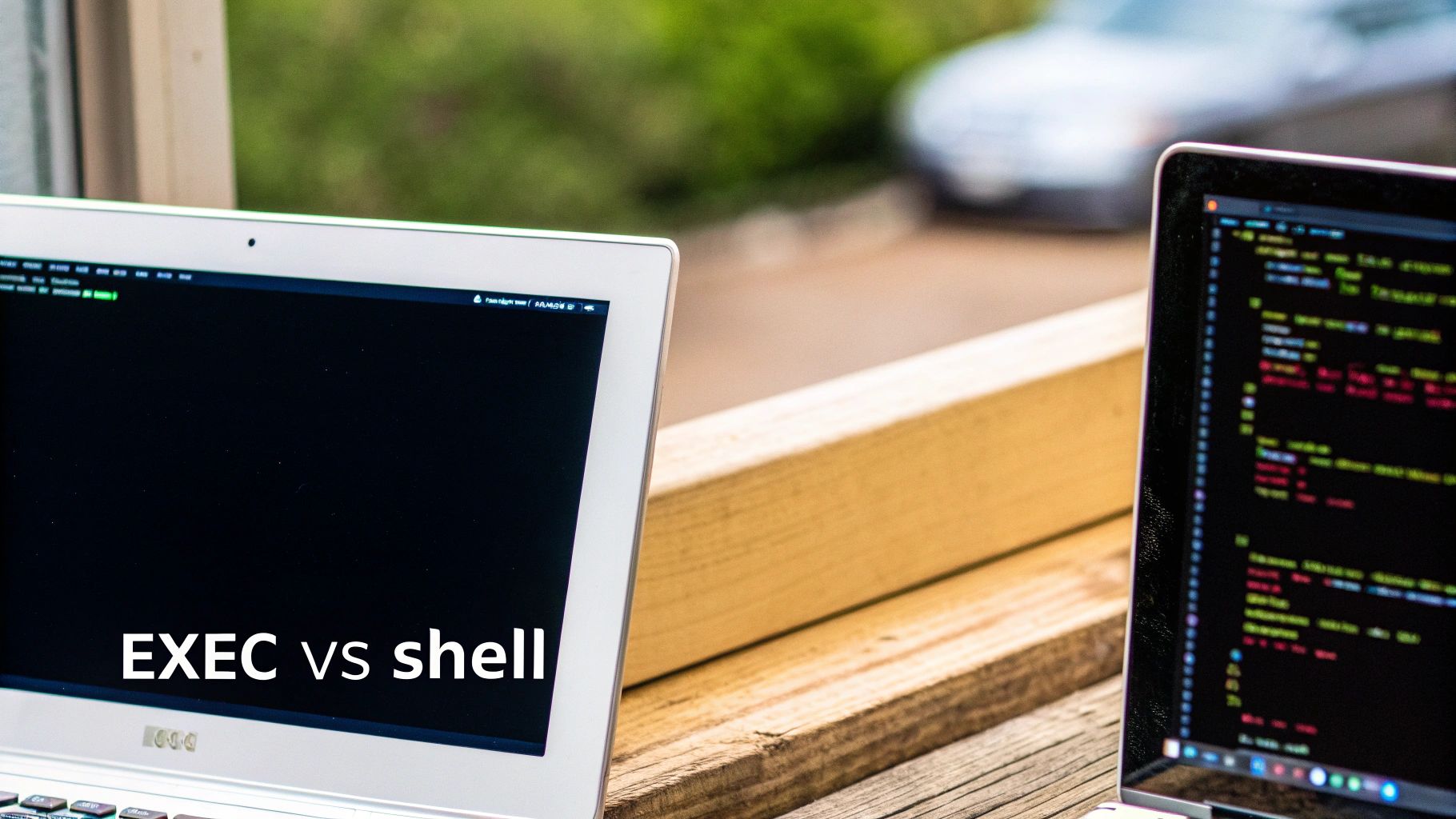 Two laptops sit side-by-side outdoors. One screen displays 'EXEC vs shell' while the other shows lines of code.
