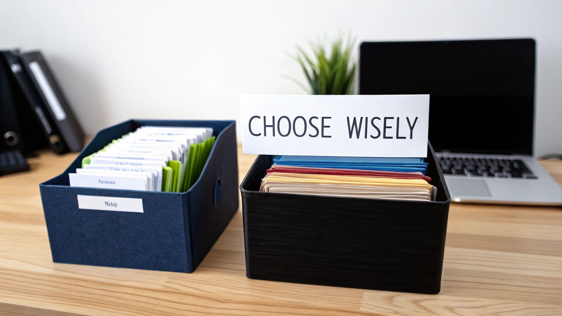 Desk with two office organizers, files, and a 'CHOOSE WISELY' sign, symbolizing important decisions.