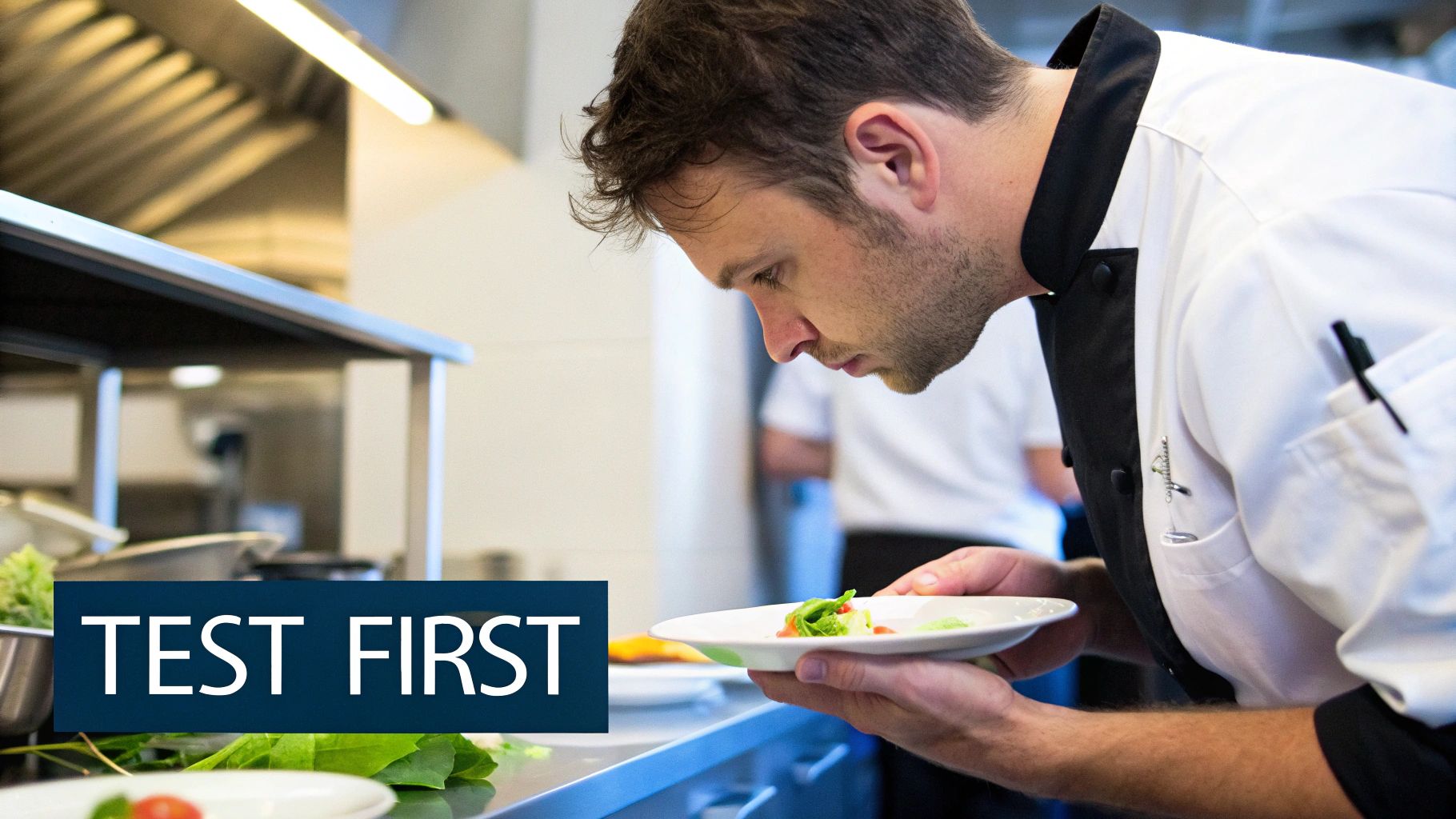 A focused chef in a professional kitchen inspects a small, carefully prepared dish.