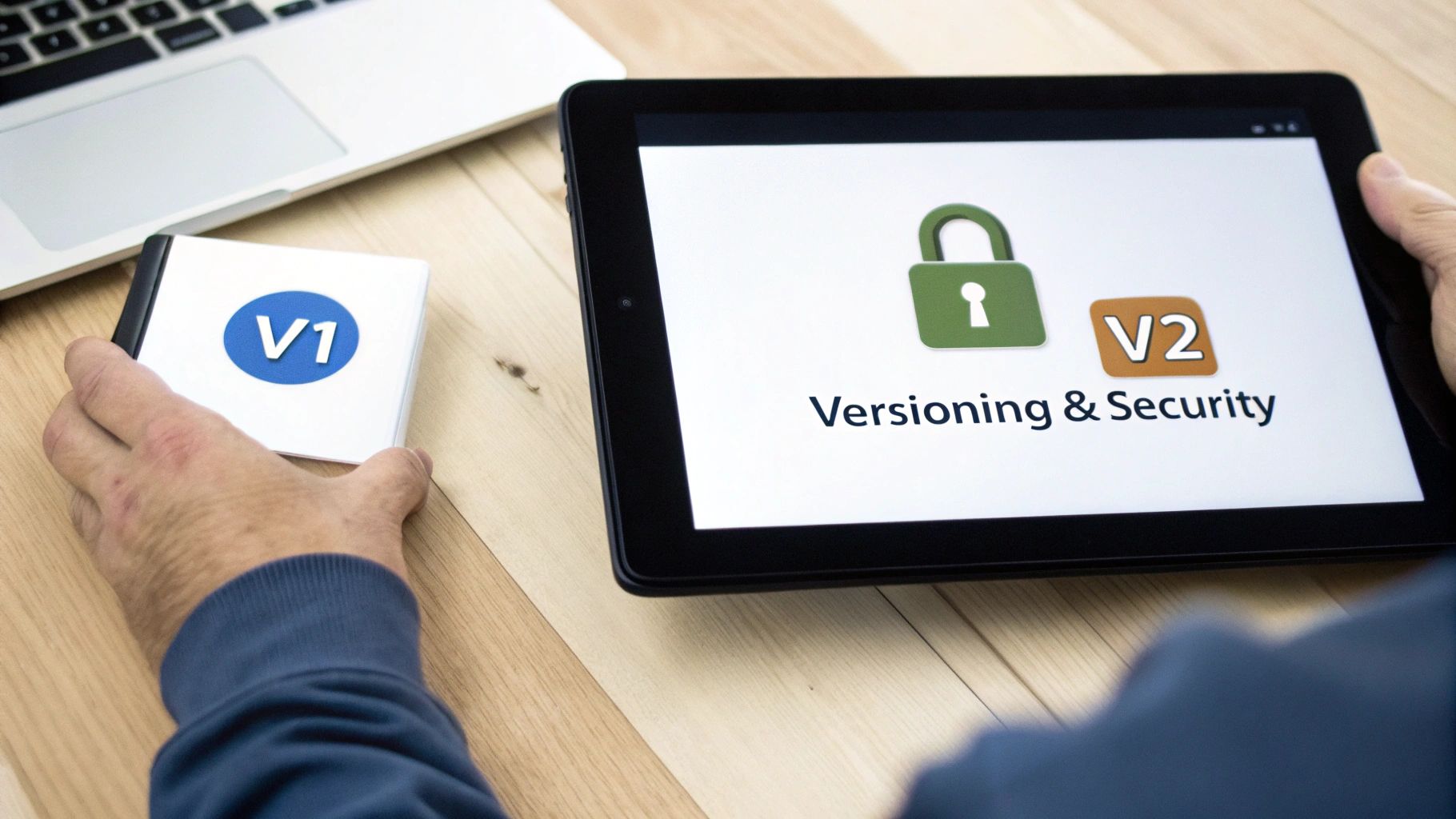 Hands on a desk with a 'V1' device and a tablet displaying 'Versioning & Security' with a padlock and 'V2'.