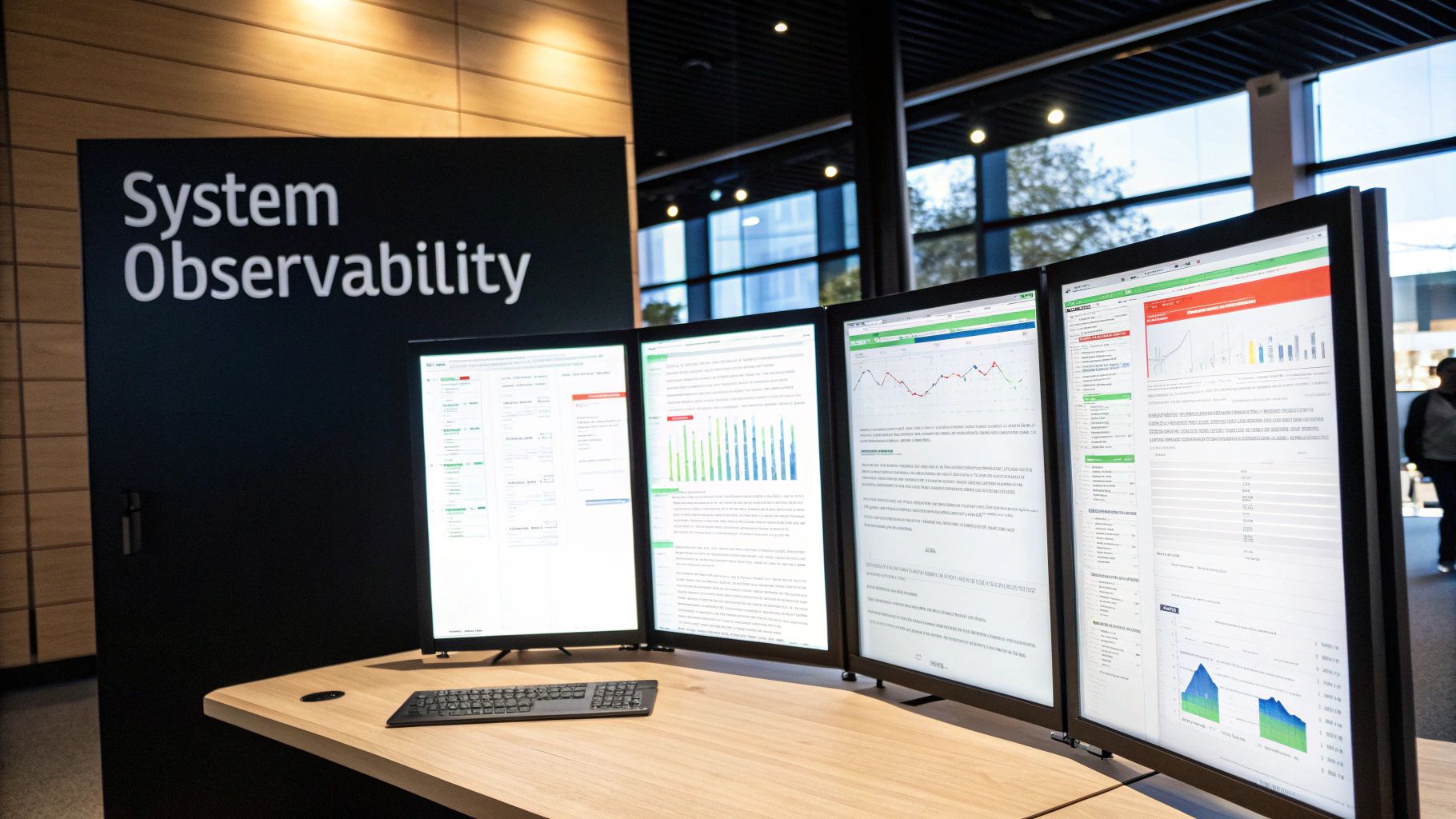 Four monitors on a desk displaying system observability data, charts, and analytics dashboards.