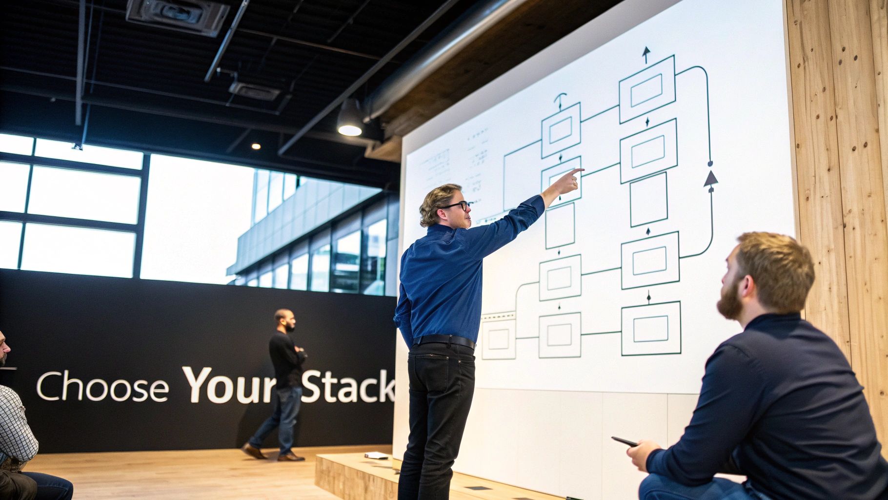 A male presenter points at a flow diagram on a large screen during a corporate meeting.