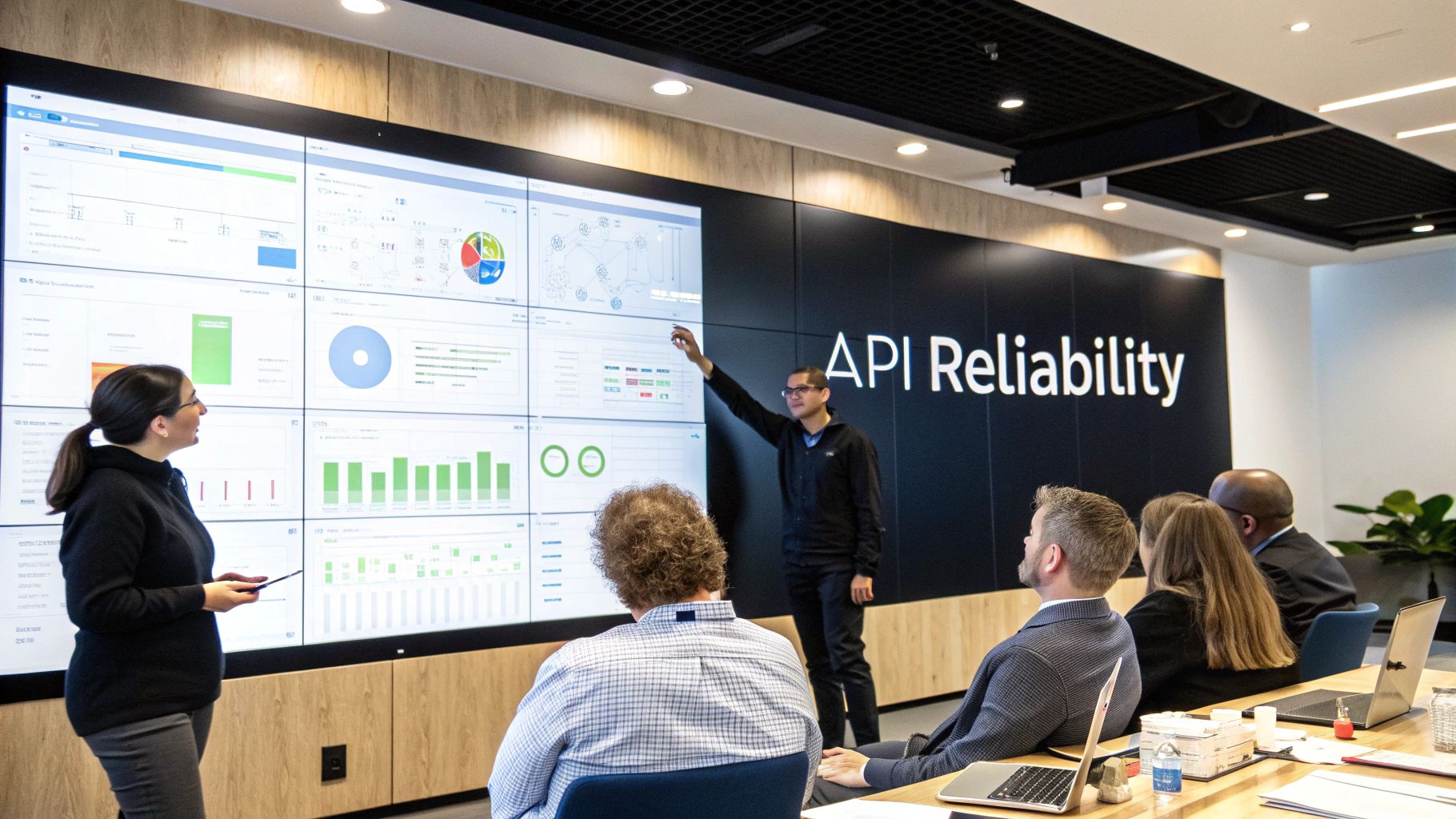 Professionals review API reliability data on a large multi-screen display in a modern office.