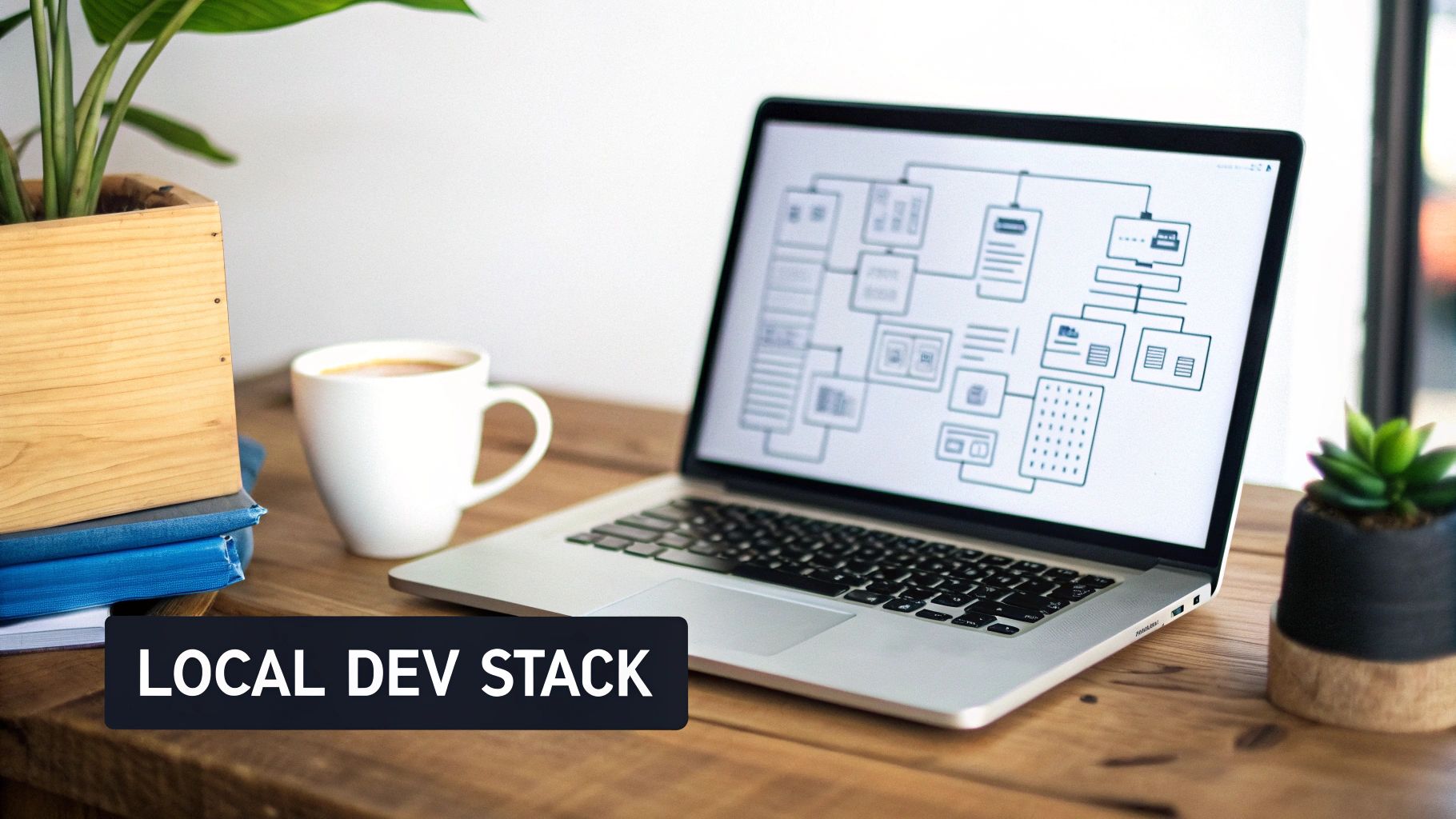 A laptop shows a software architecture diagram on a desk with coffee and plants, illustrating a local dev stack.