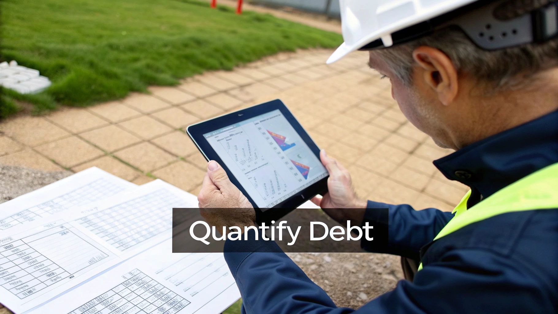 A construction worker in a hard hat analyzes financial data and graphs on a tablet and papers, with "Quantify Debt" overlay.