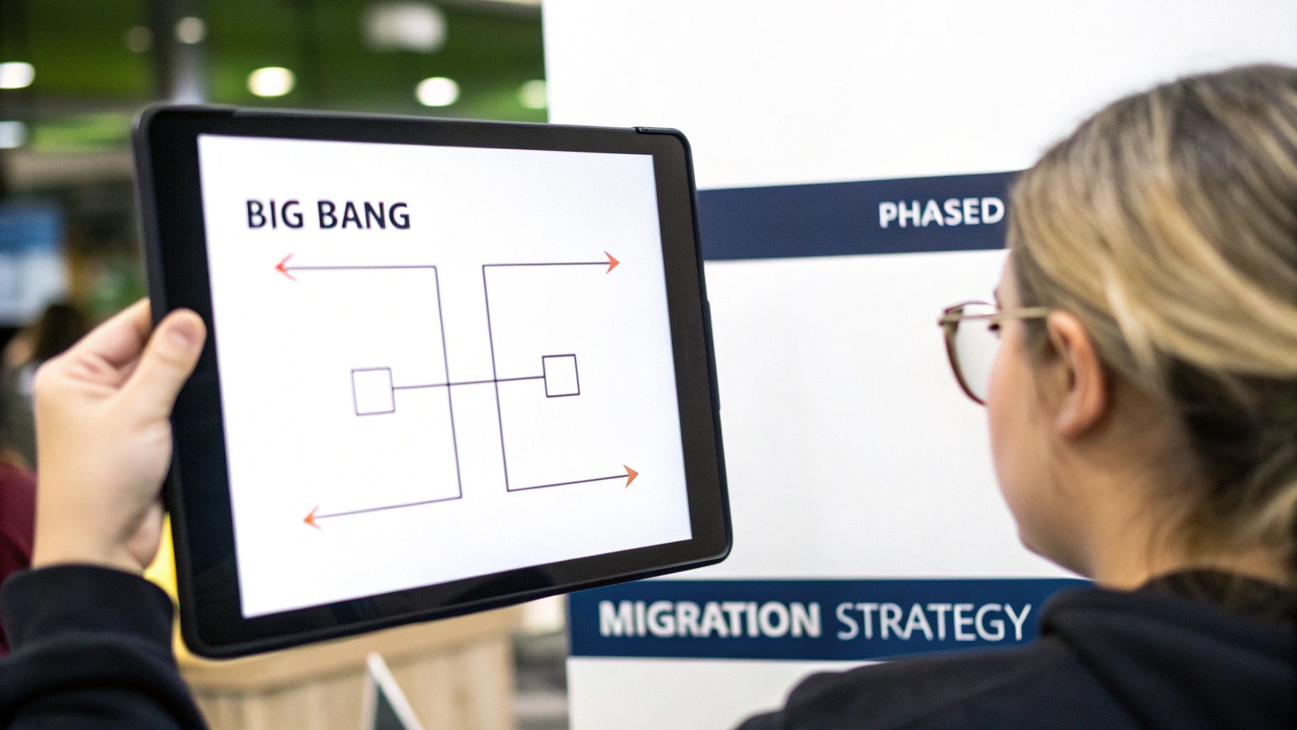 A person holds a tablet displaying a 'Big Bang' migration diagram, with 'Phased Migration Strategy' on a sign.