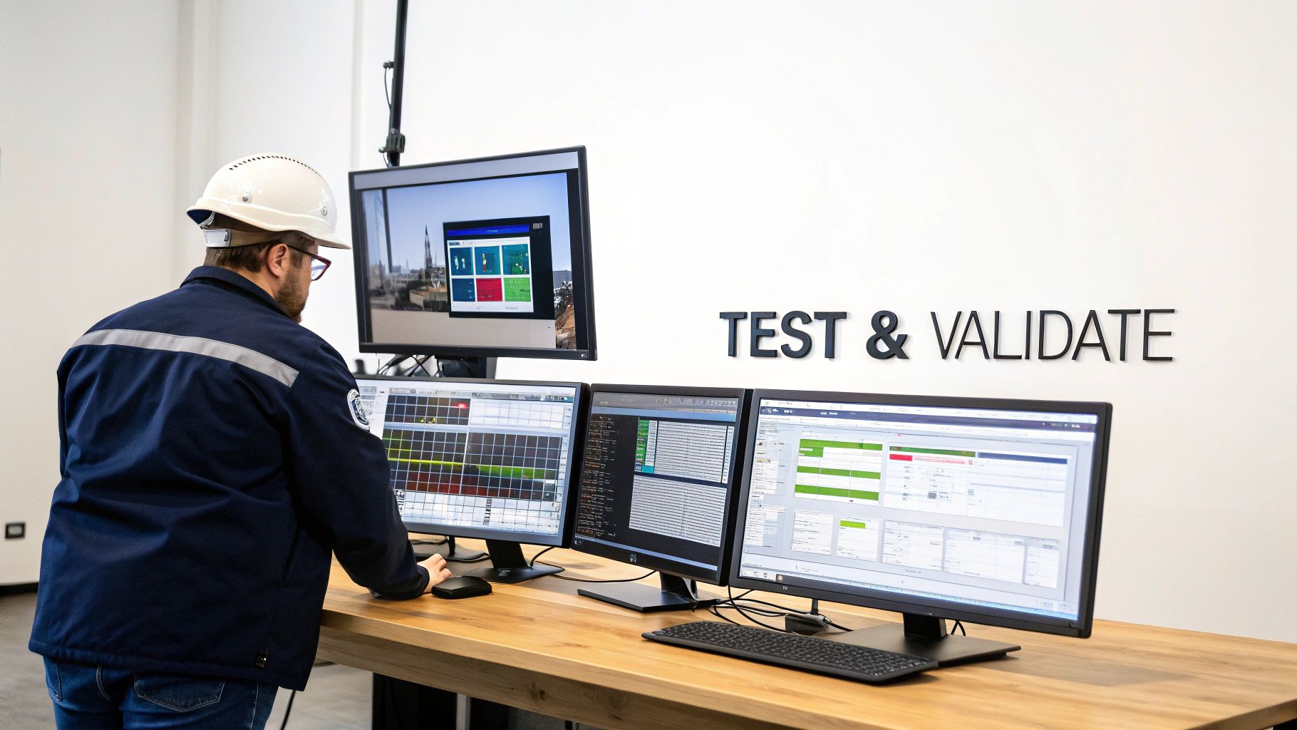 Engineer in a hard hat analyzing industrial data on several computer screens at a 'Test & Validate' station.