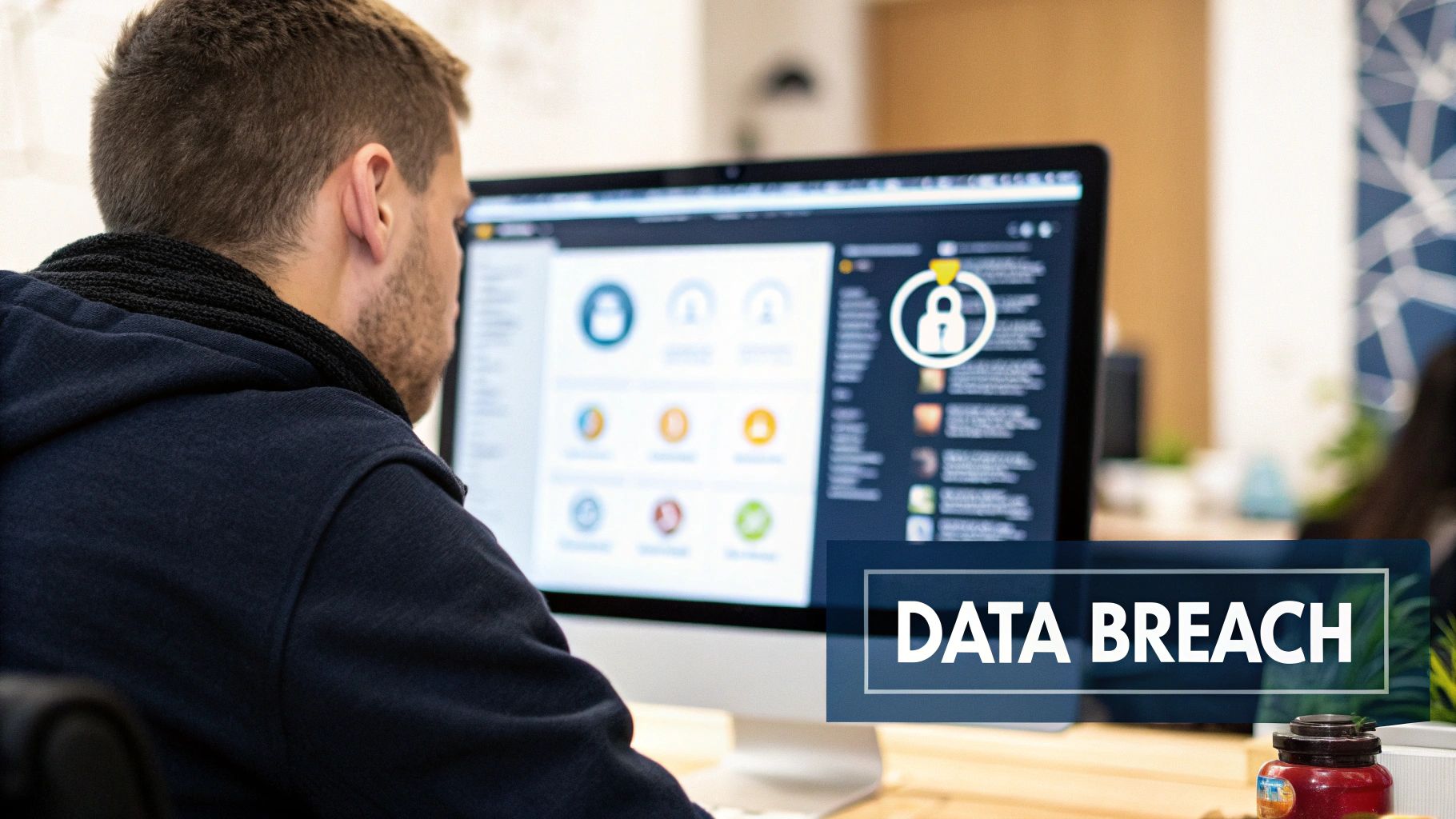 A person from behind viewing a computer screen displaying security metrics and a 'DATA BREACH' overlay.