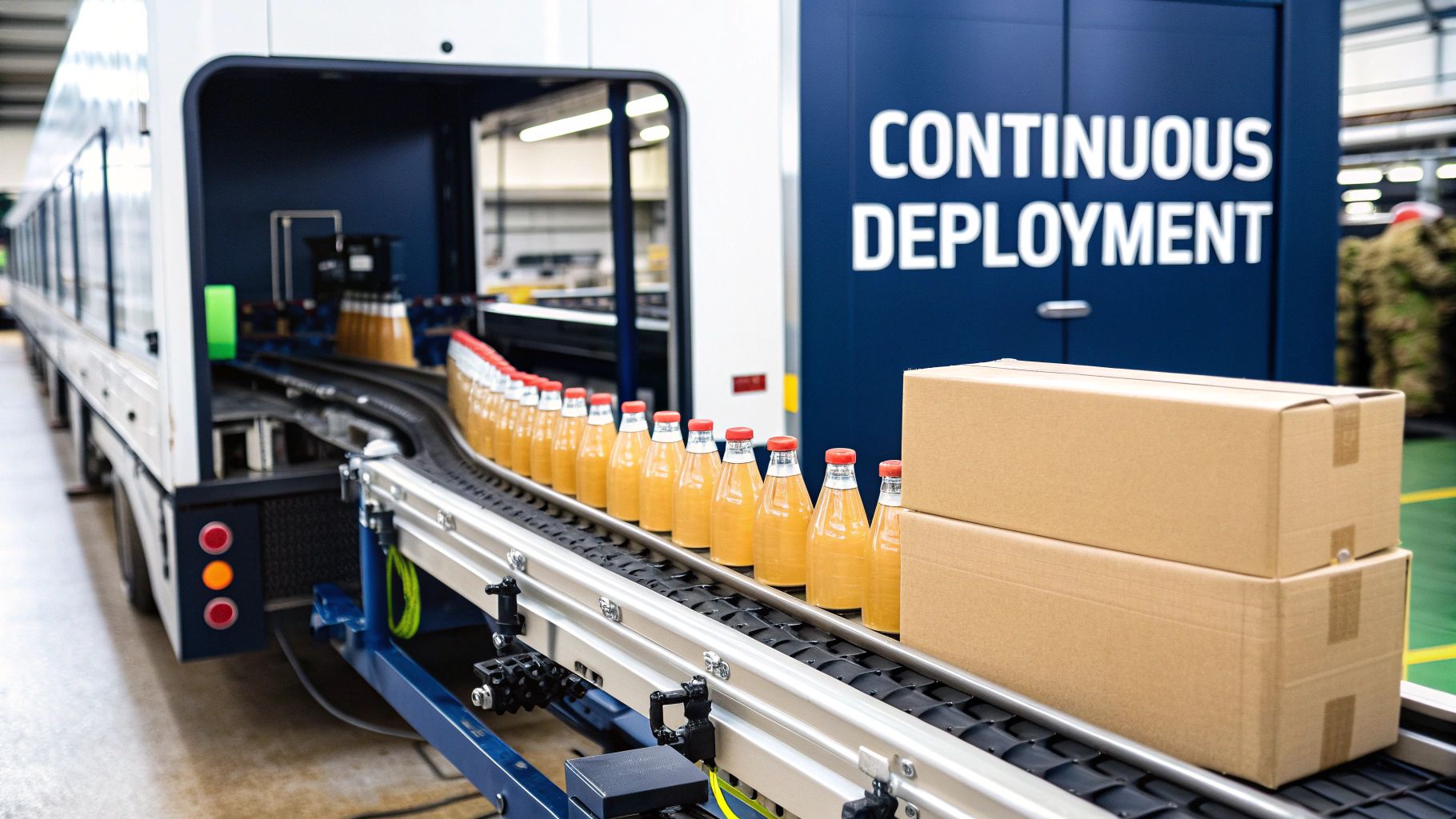 Production line with juice bottles and cardboard boxes on a conveyor belt, next to a 'Continuous Deployment' wall.