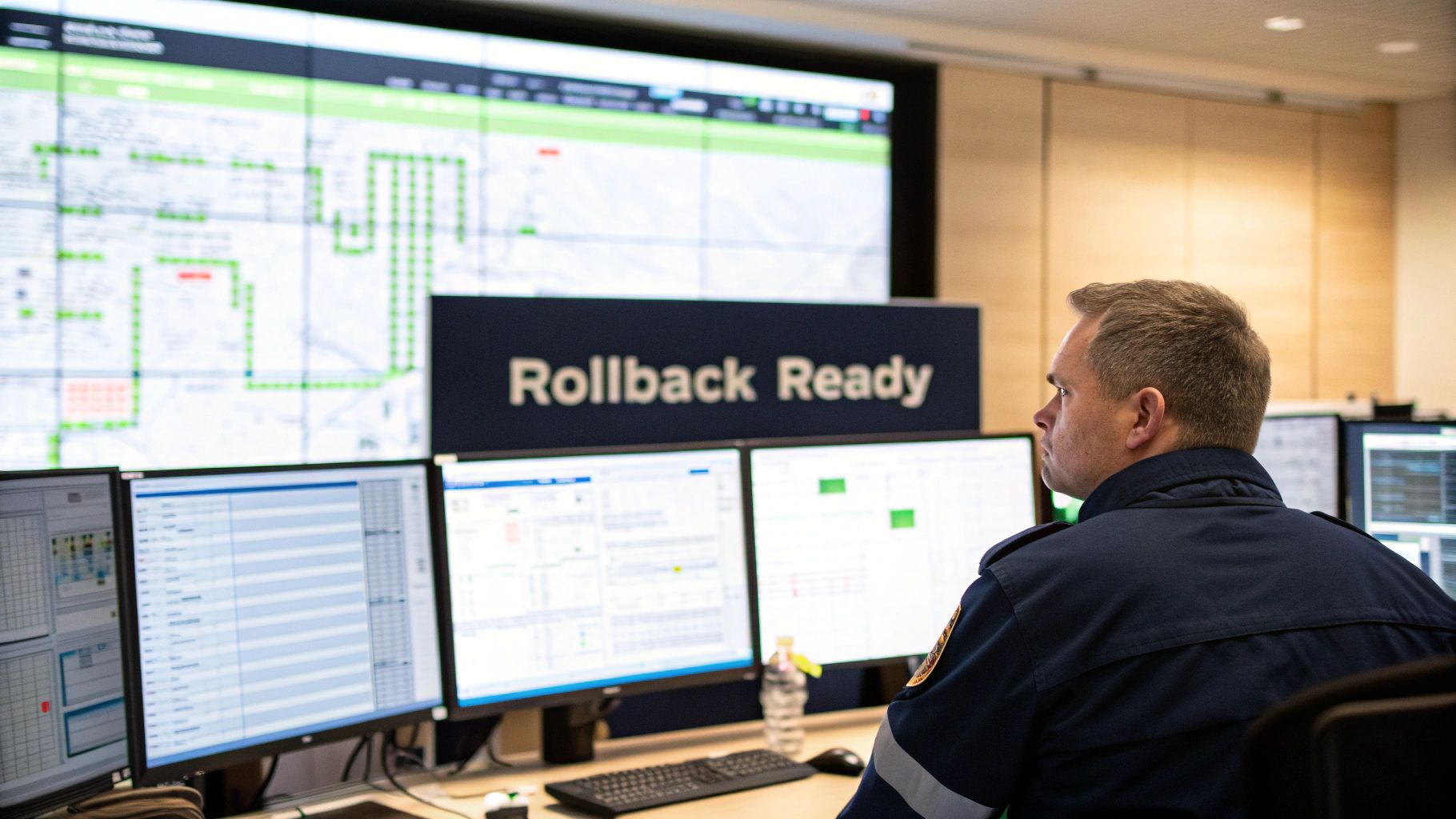 A man in uniform monitors multiple computer screens in a control room with a 'Rollback Ready' sign.