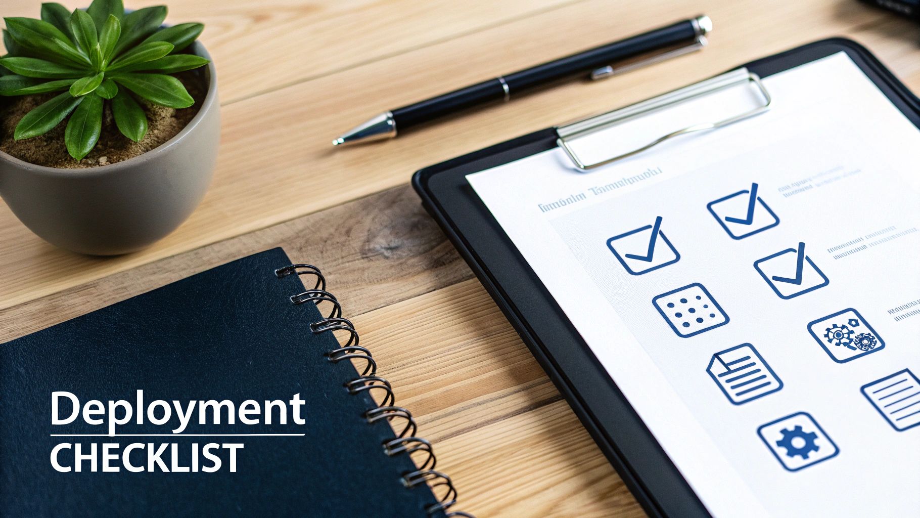 A flat lay showing a deployment checklist notebook, clipboard with icons, pen, and plant on a wooden desk.